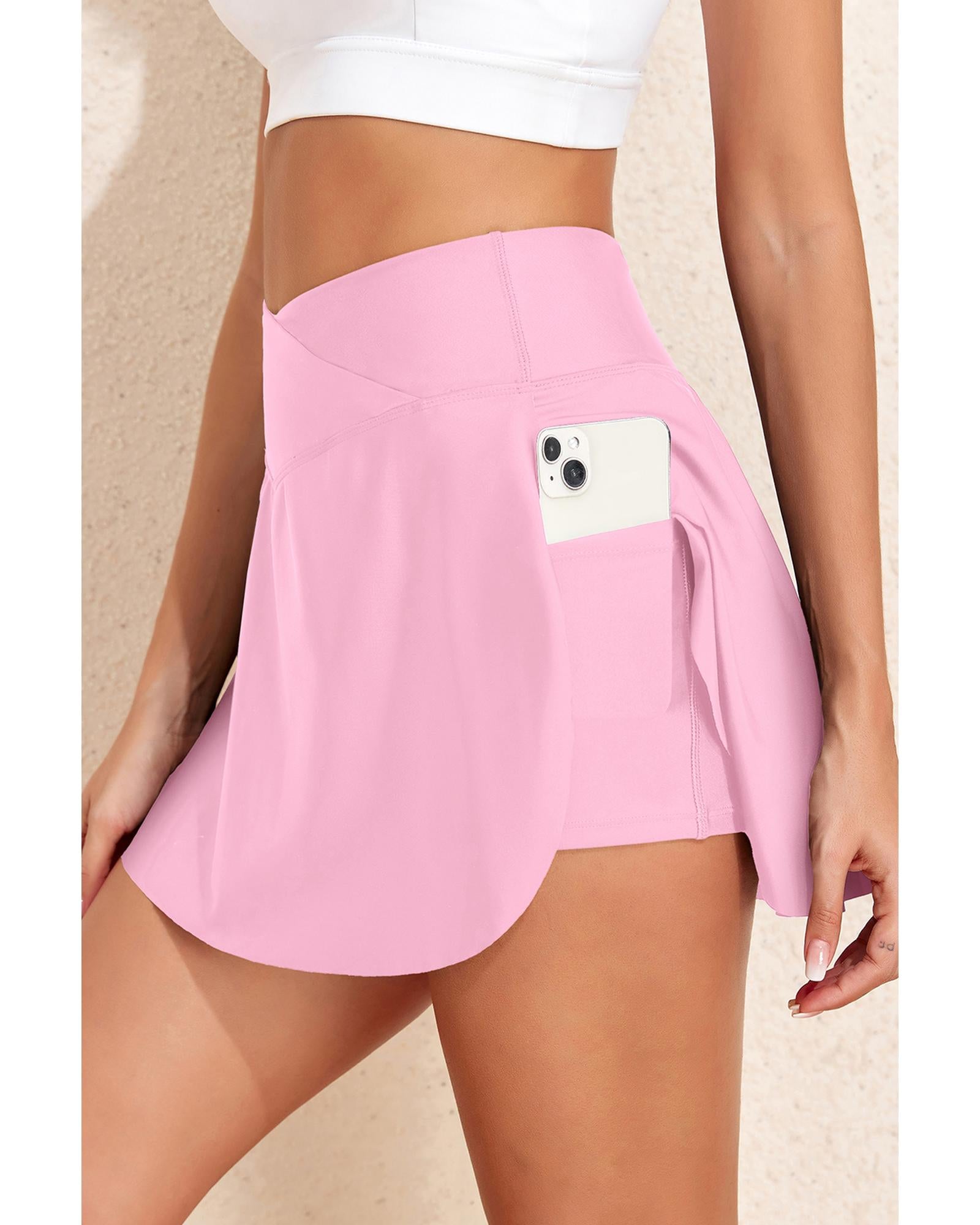Pink Solid Pocketed Crossover High Waist Swim Skort - M