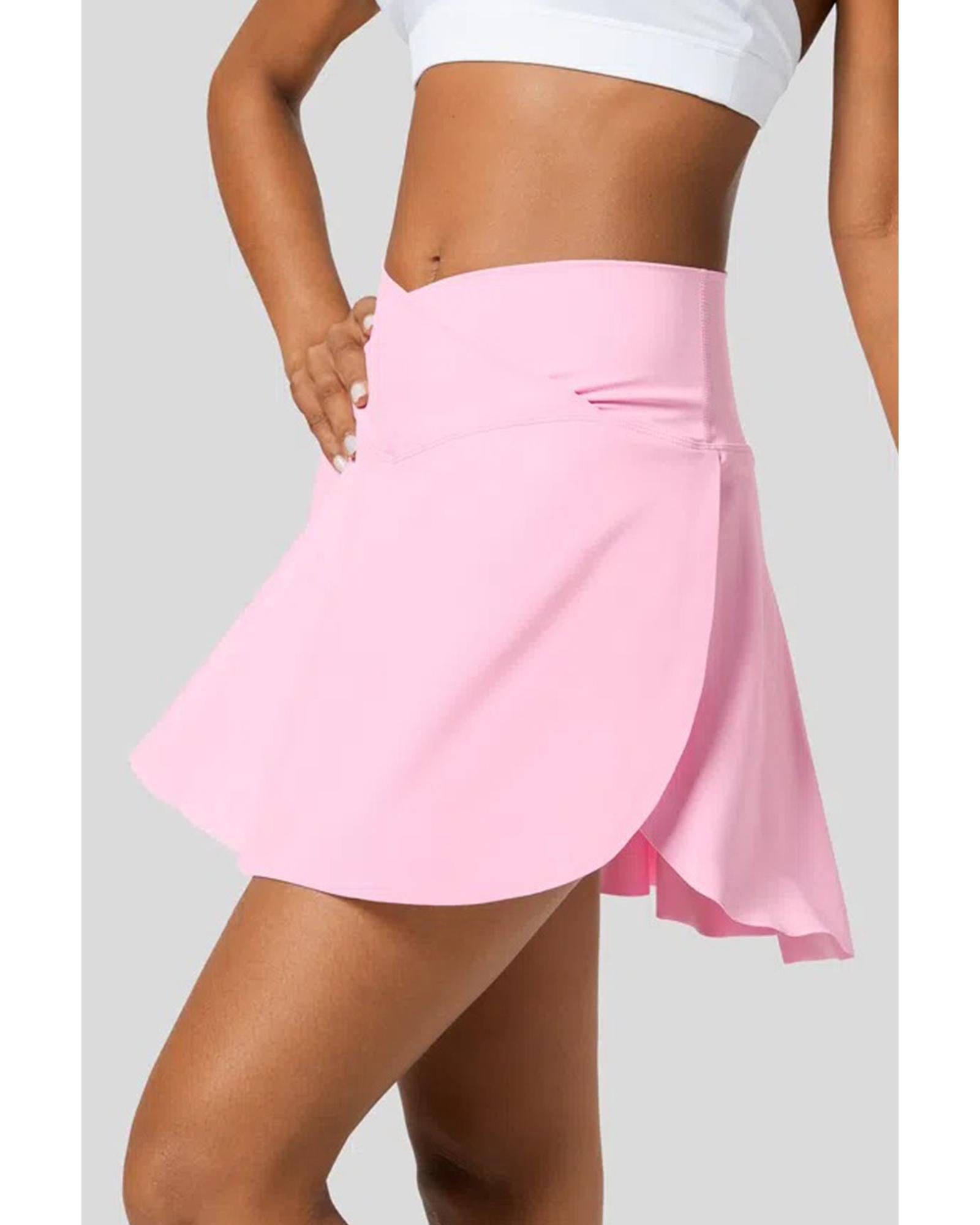 Pink Solid Pocketed Crossover High Waist Swim Skort - XL