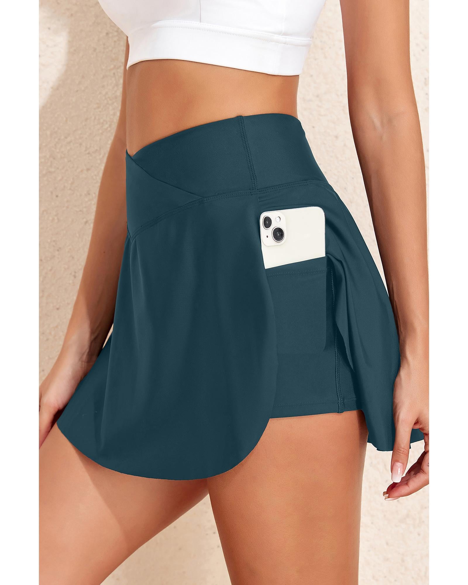 Sea Green Solid Pocketed Crossover High Waist Swim Skort - XL