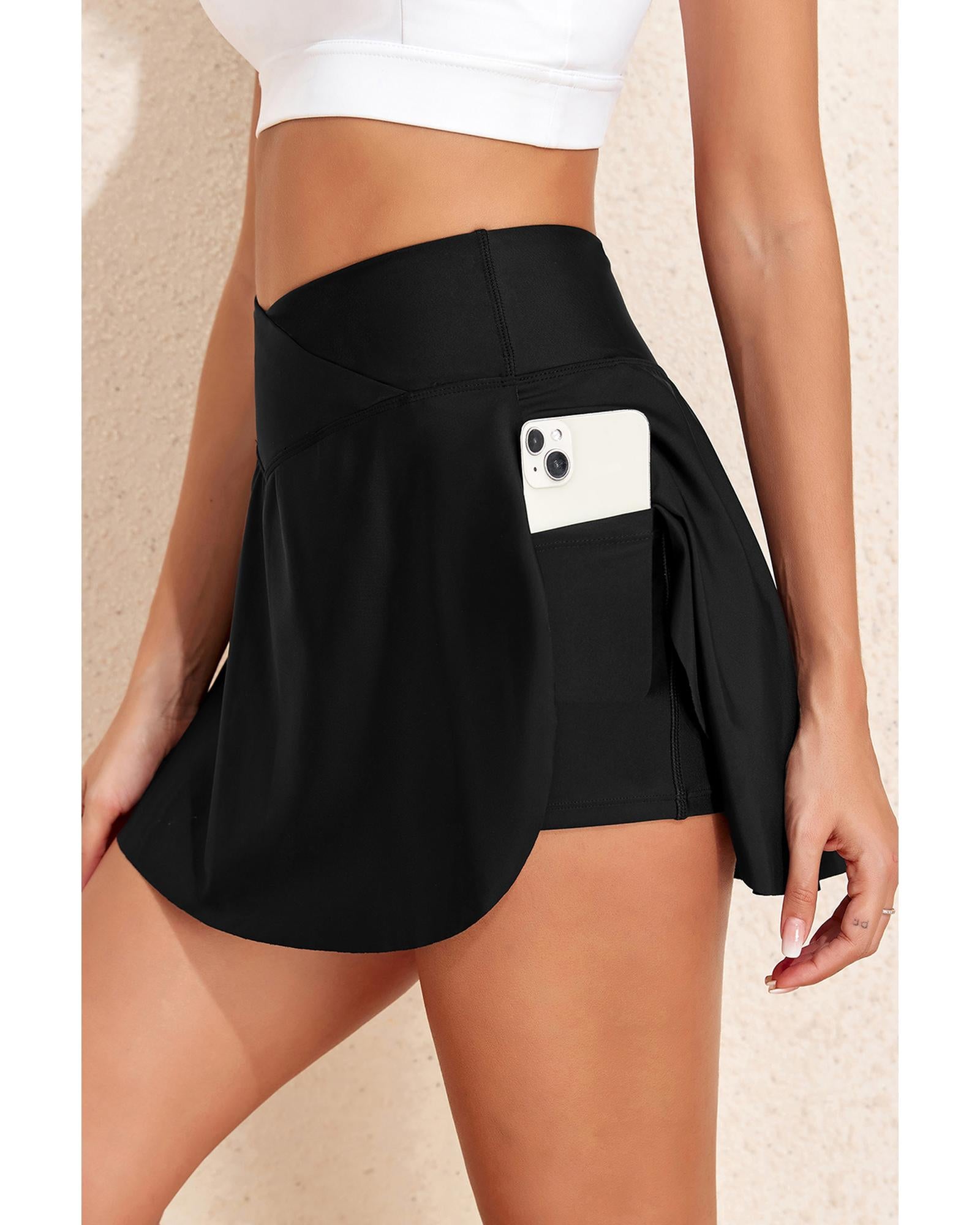 Black Solid Pocketed Crossover High Waist Swim Skort - L