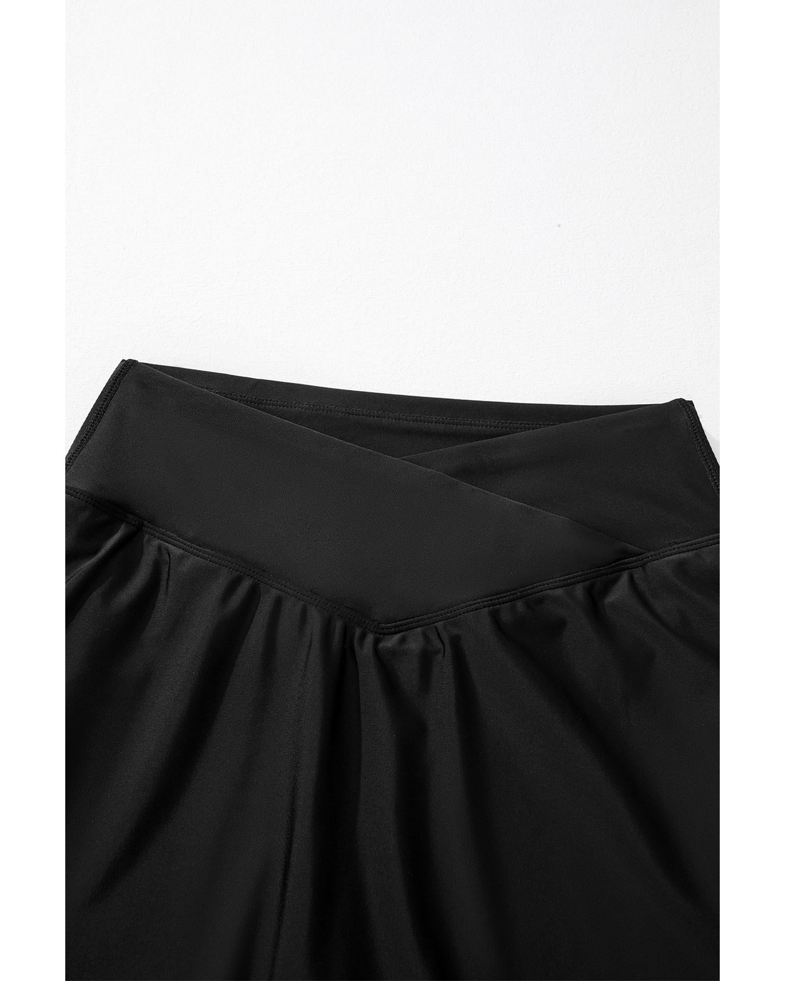 Black Solid Pocketed Crossover High Waist Swim Skort - L