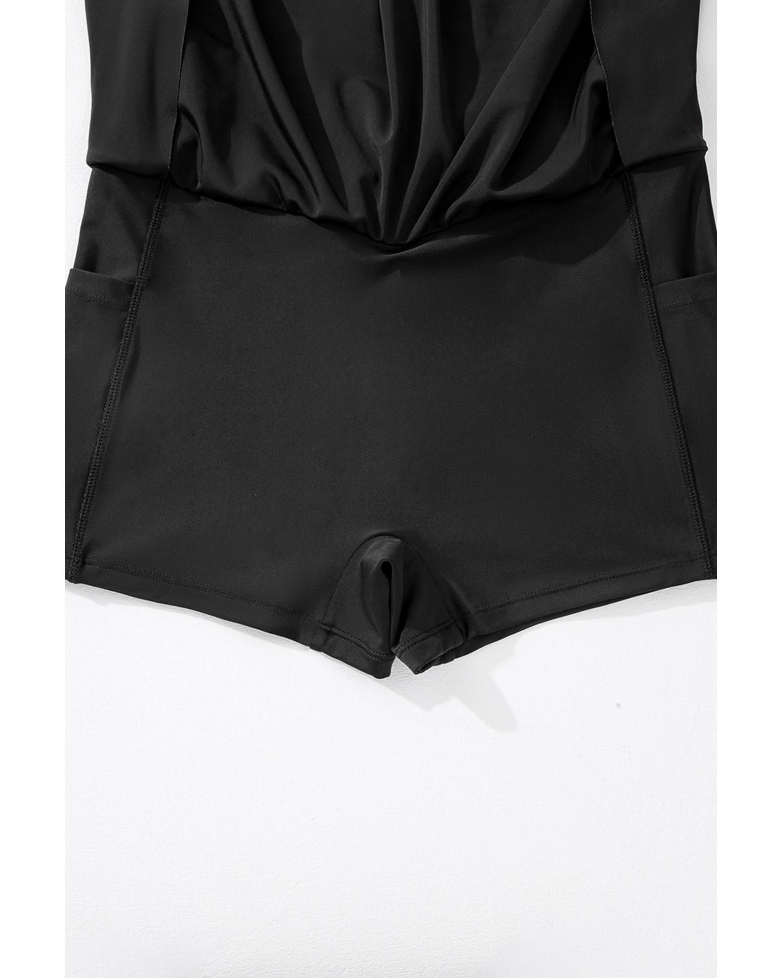 Black Solid Pocketed Crossover High Waist Swim Skort - L