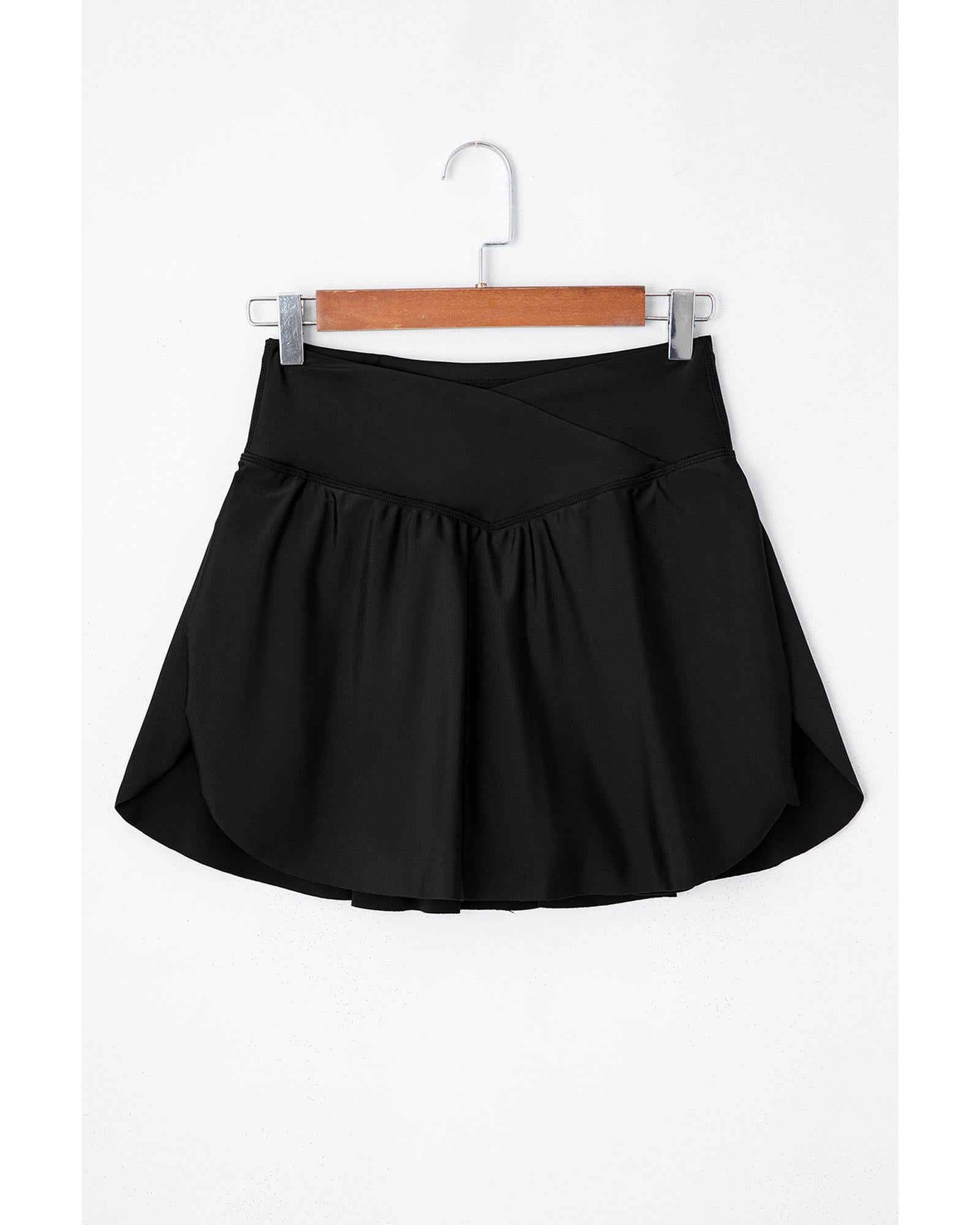 Black Solid Pocketed Crossover High Waist Swim Skort - L