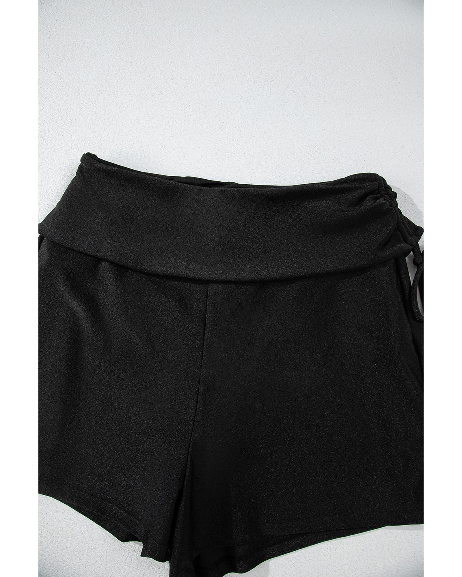 Black Drawstring Ruched High Waist Loose Swim Shorts - XL