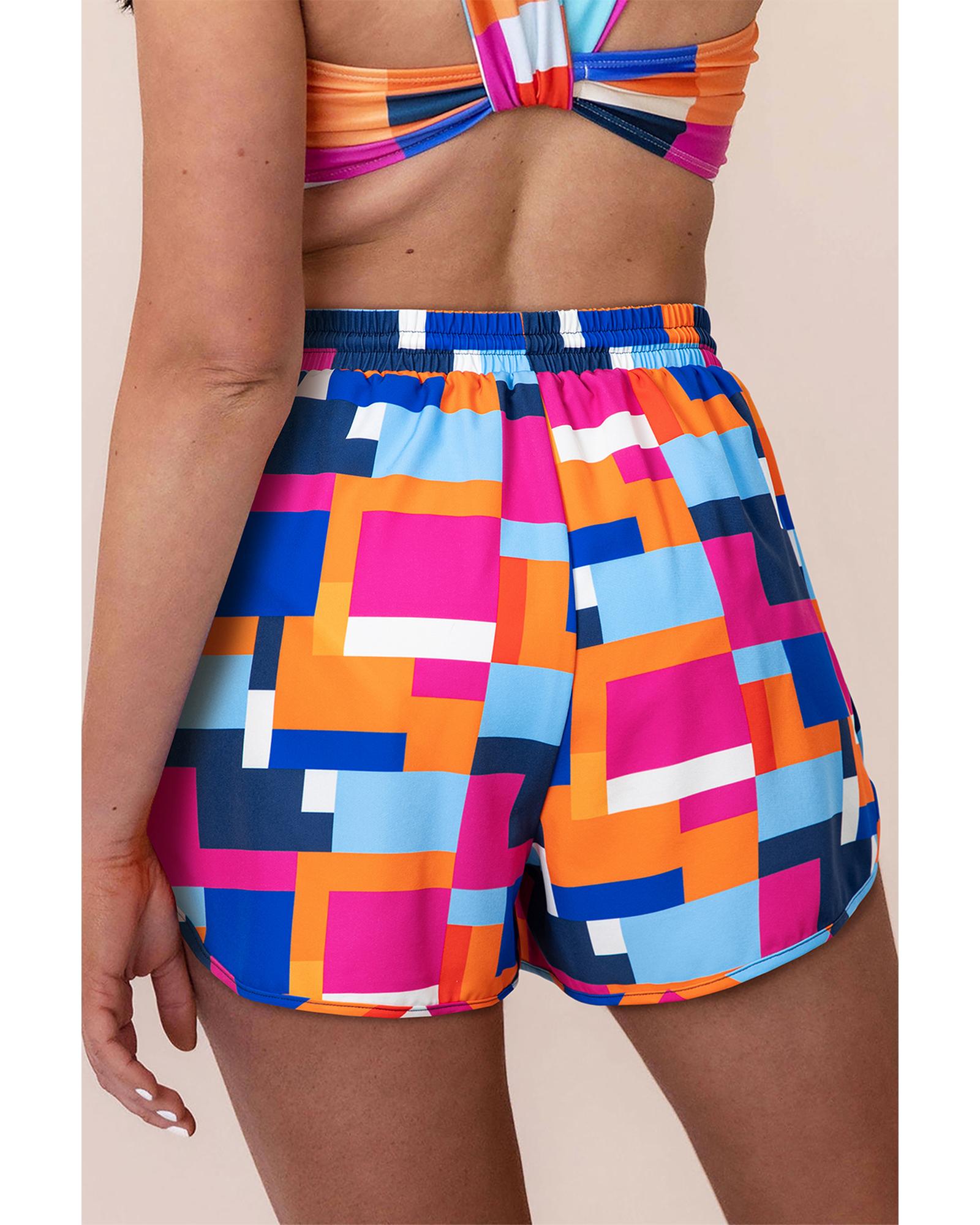 Rose Geometric Printed Drawstring Waist Beach Shorts with Pockets - L