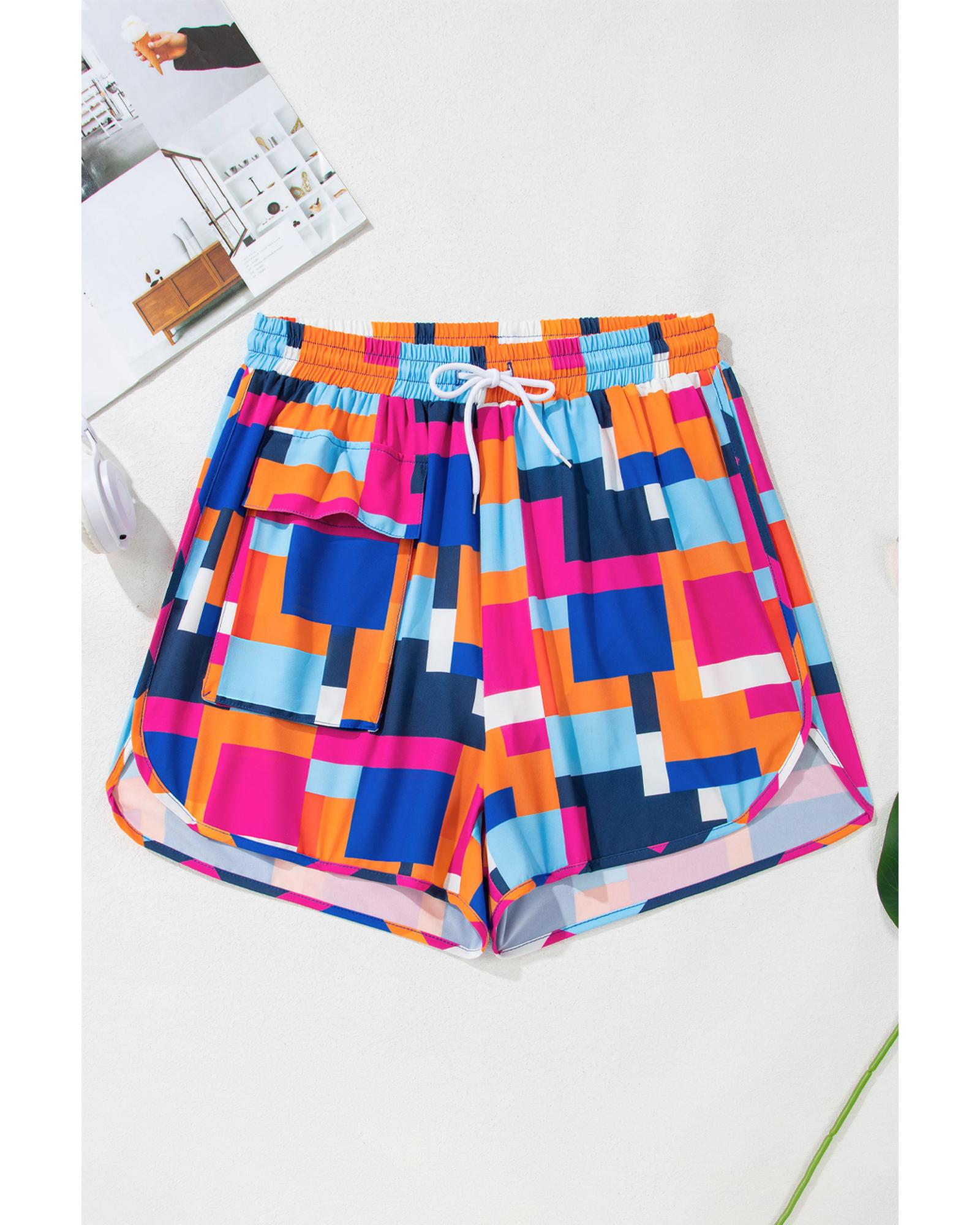Rose Geometric Printed Drawstring Waist Beach Shorts with Pockets - M