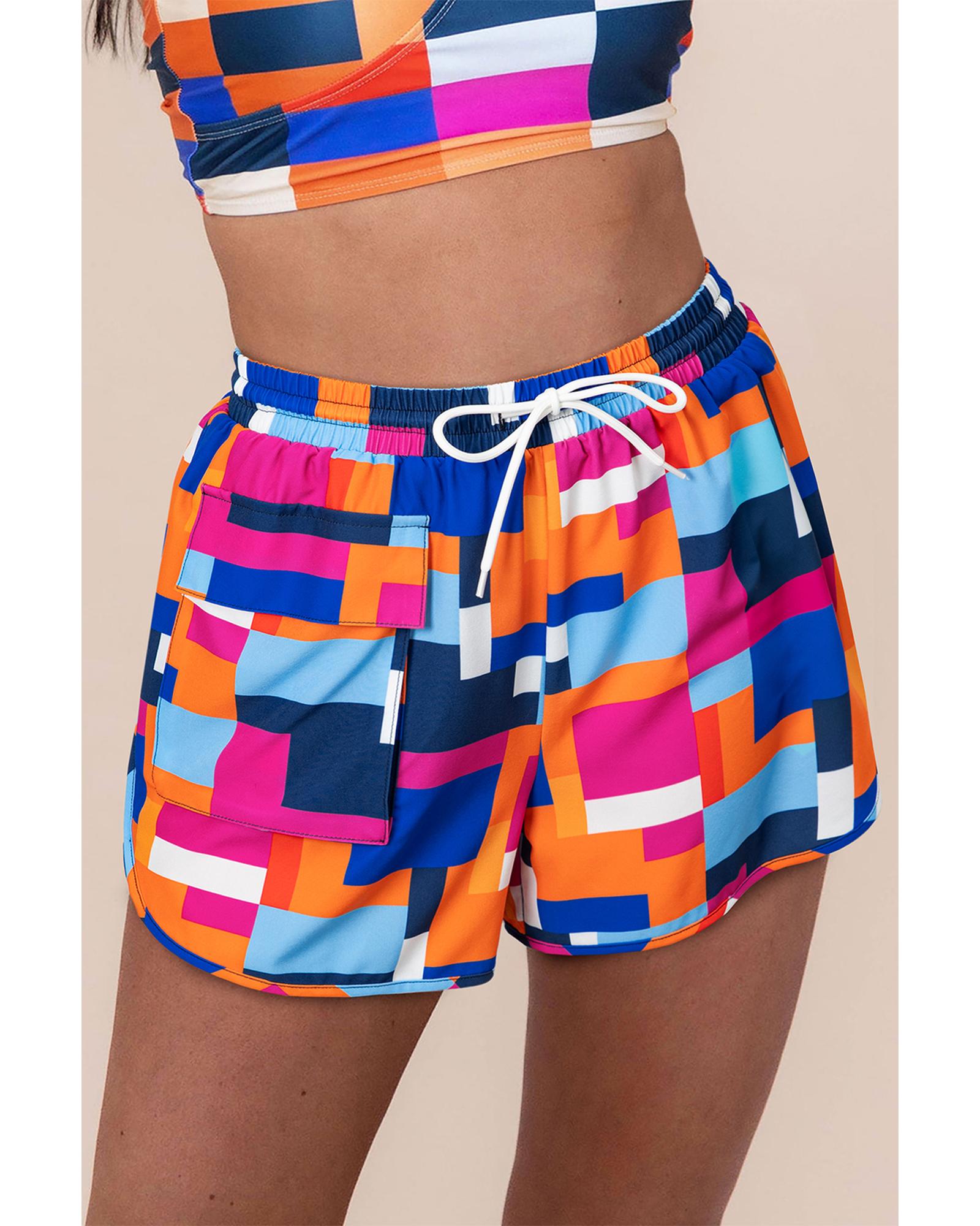Rose Geometric Printed Drawstring Waist Beach Shorts with Pockets - XL