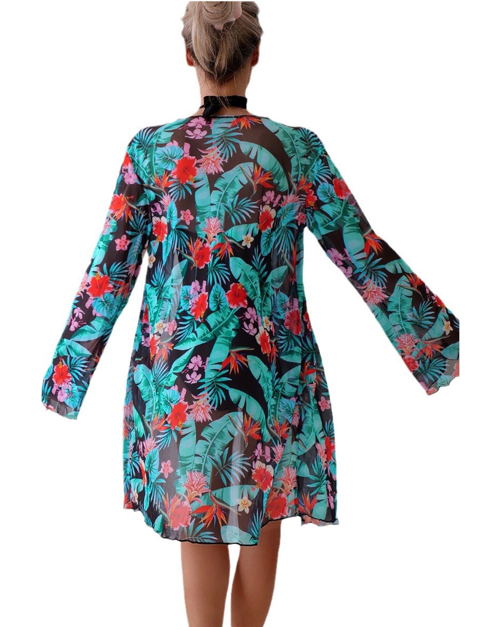 Black Halter Neck Monokini with Floral Beach Cover Up - M
