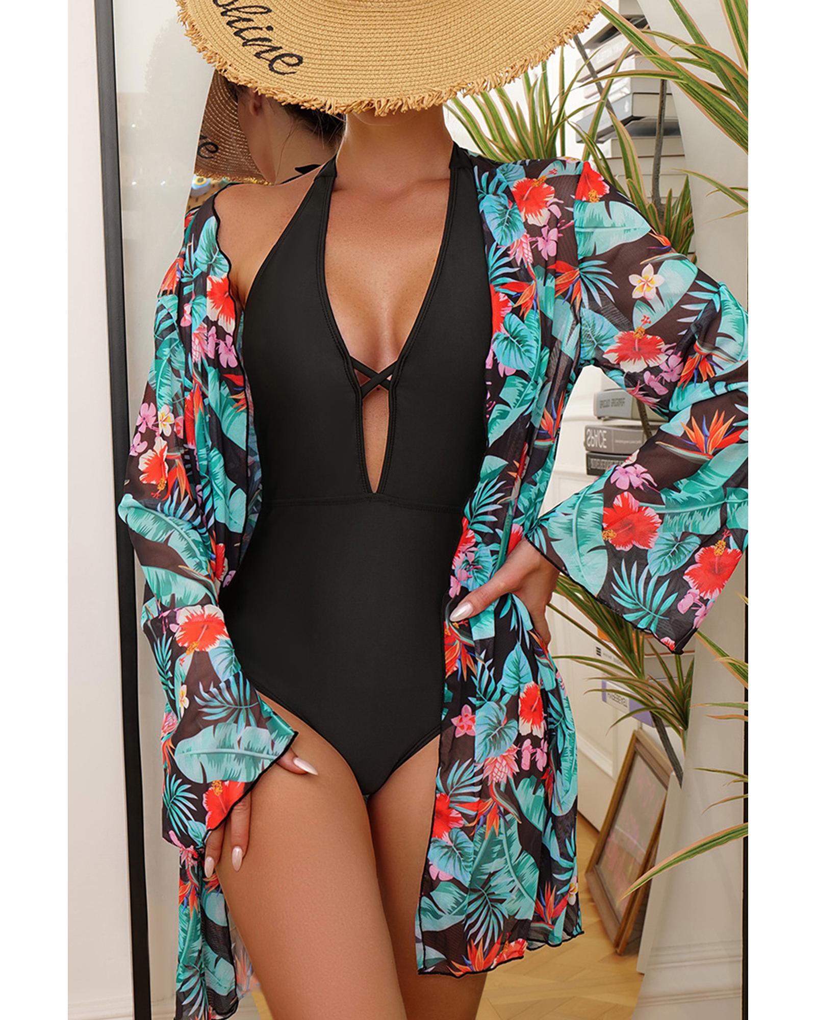 Black Halter Neck Monokini with Floral Beach Cover Up - M