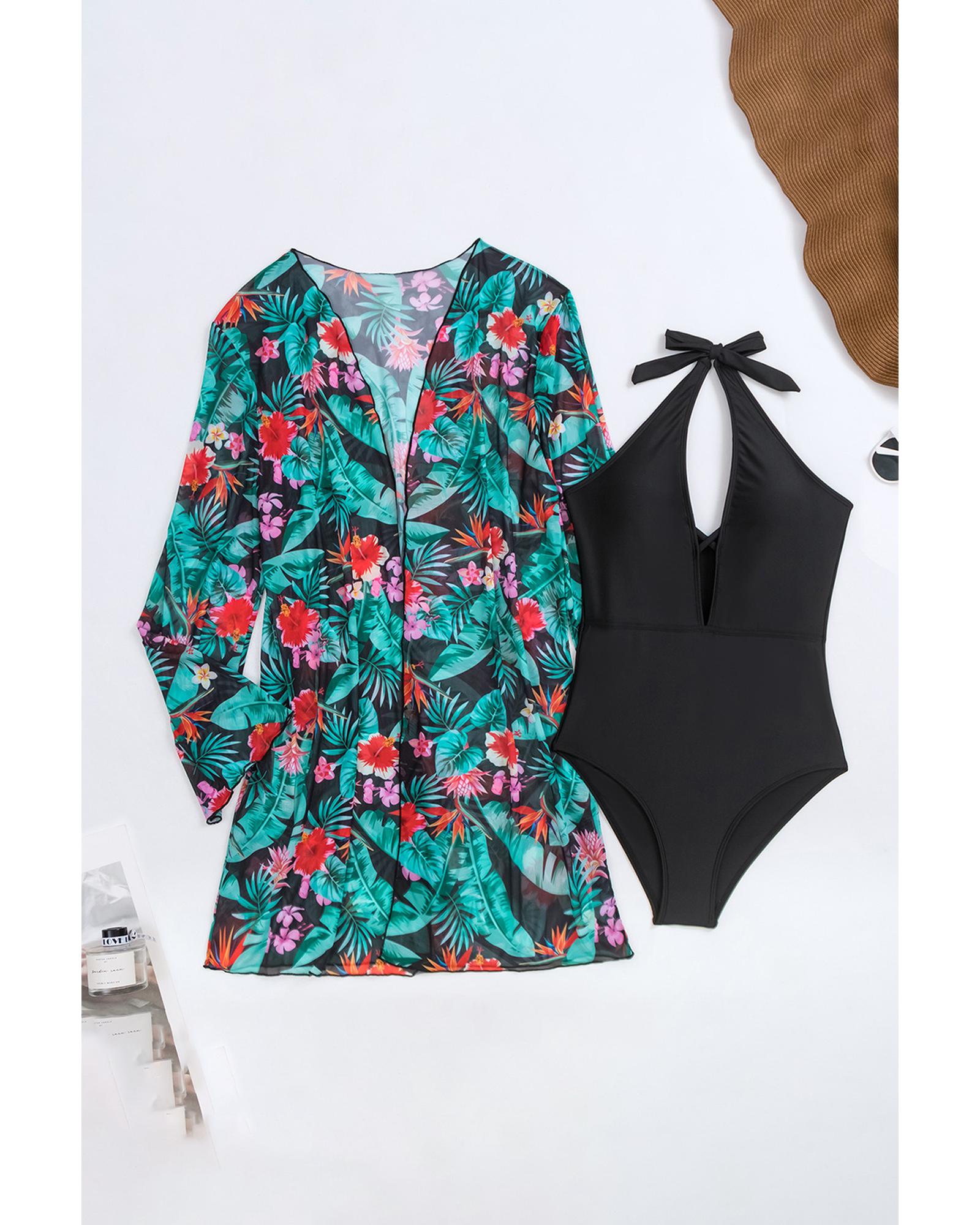Black Halter Neck Monokini with Floral Beach Cover Up - XL