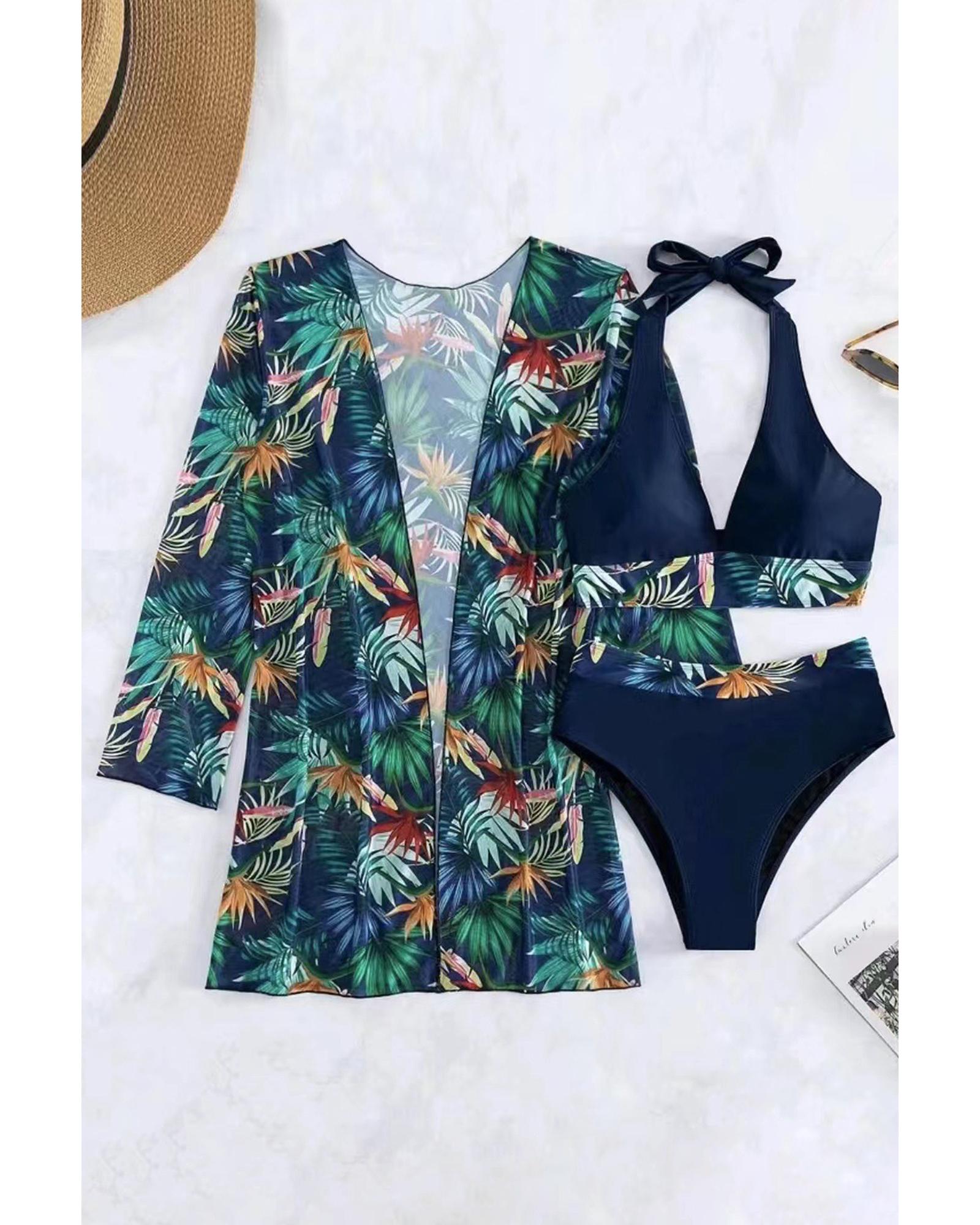 Black 3pcs Tropical Contrast Trim Halter Bikini Set with Cover up - S
