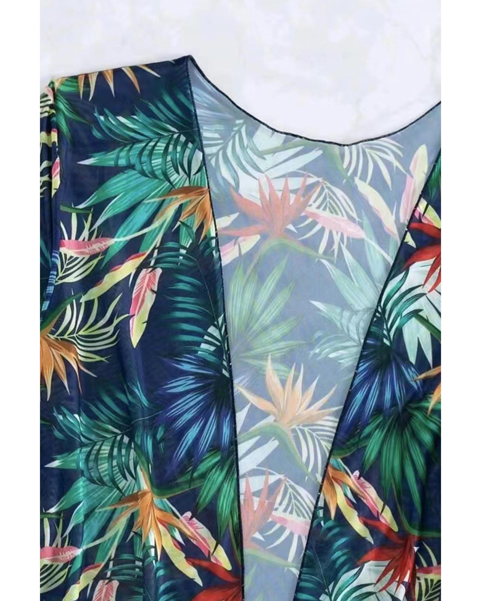 Black 3pcs Tropical Contrast Trim Halter Bikini Set with Cover up - S