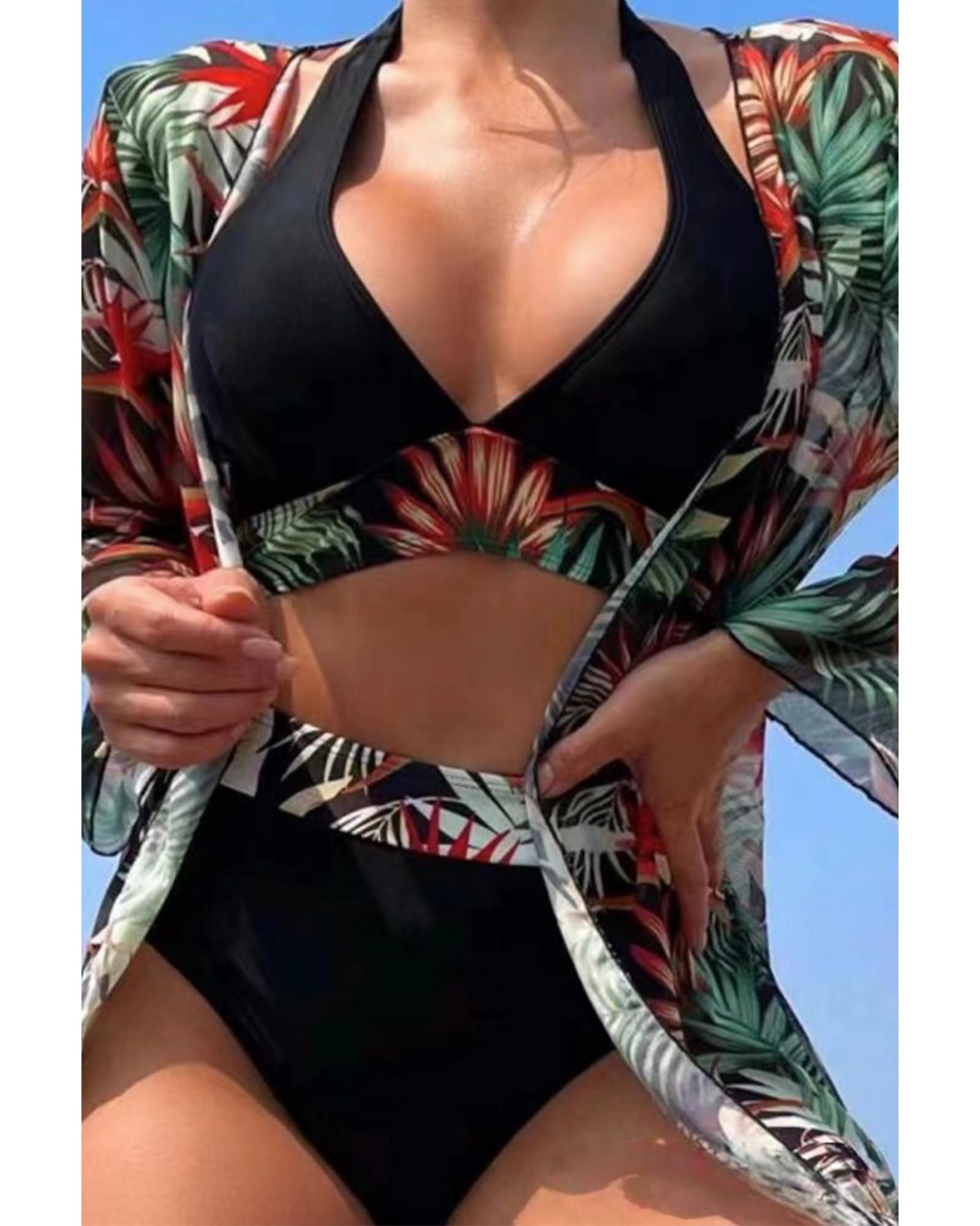 Black 3pcs Tropical Contrast Trim Halter Bikini Set with Cover up - S