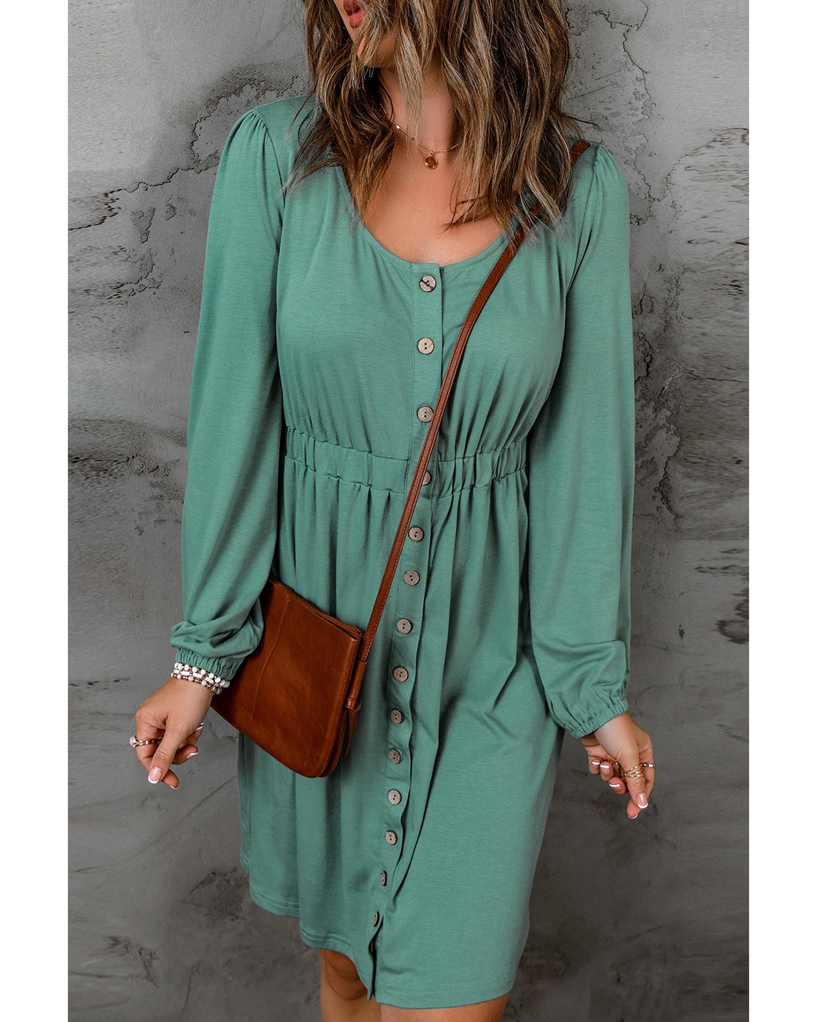 Green Button Up High Waist Long Sleeve Dress - M