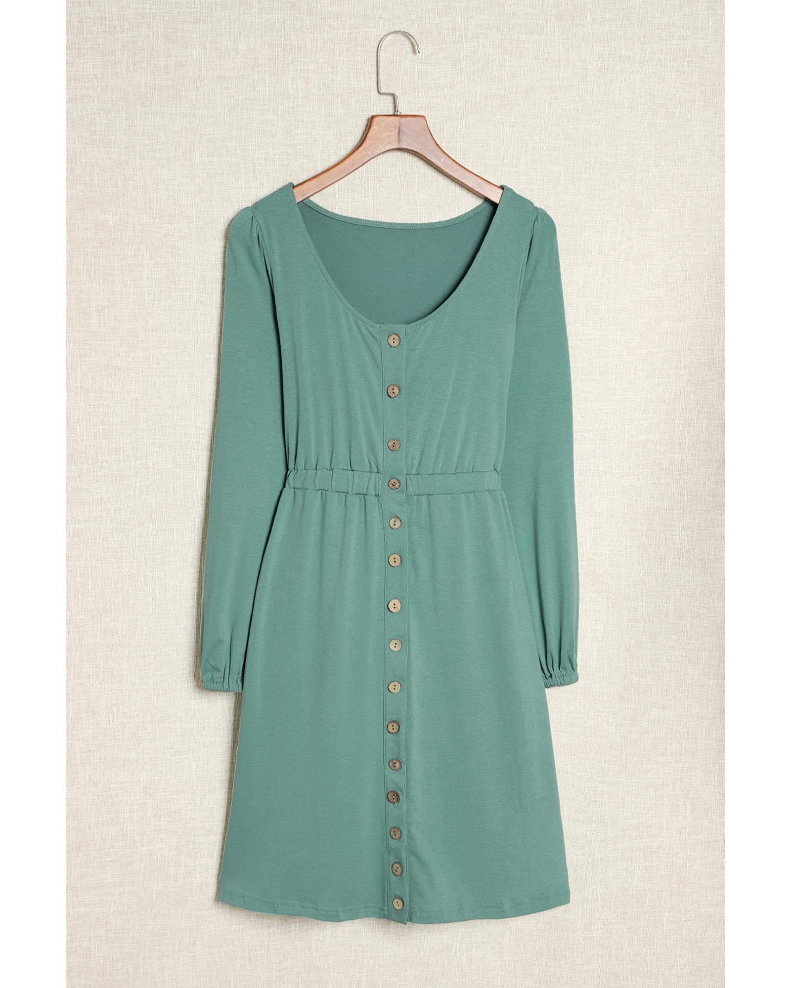 Green Button Up High Waist Long Sleeve Dress - M