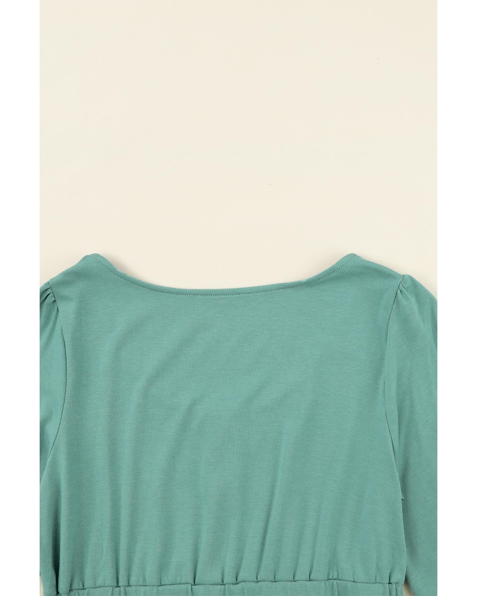 Green Button Up High Waist Long Sleeve Dress - S