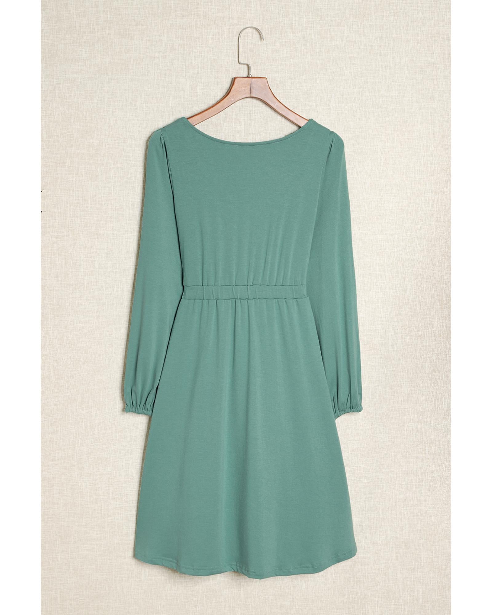 Green Button Up High Waist Long Sleeve Dress - S