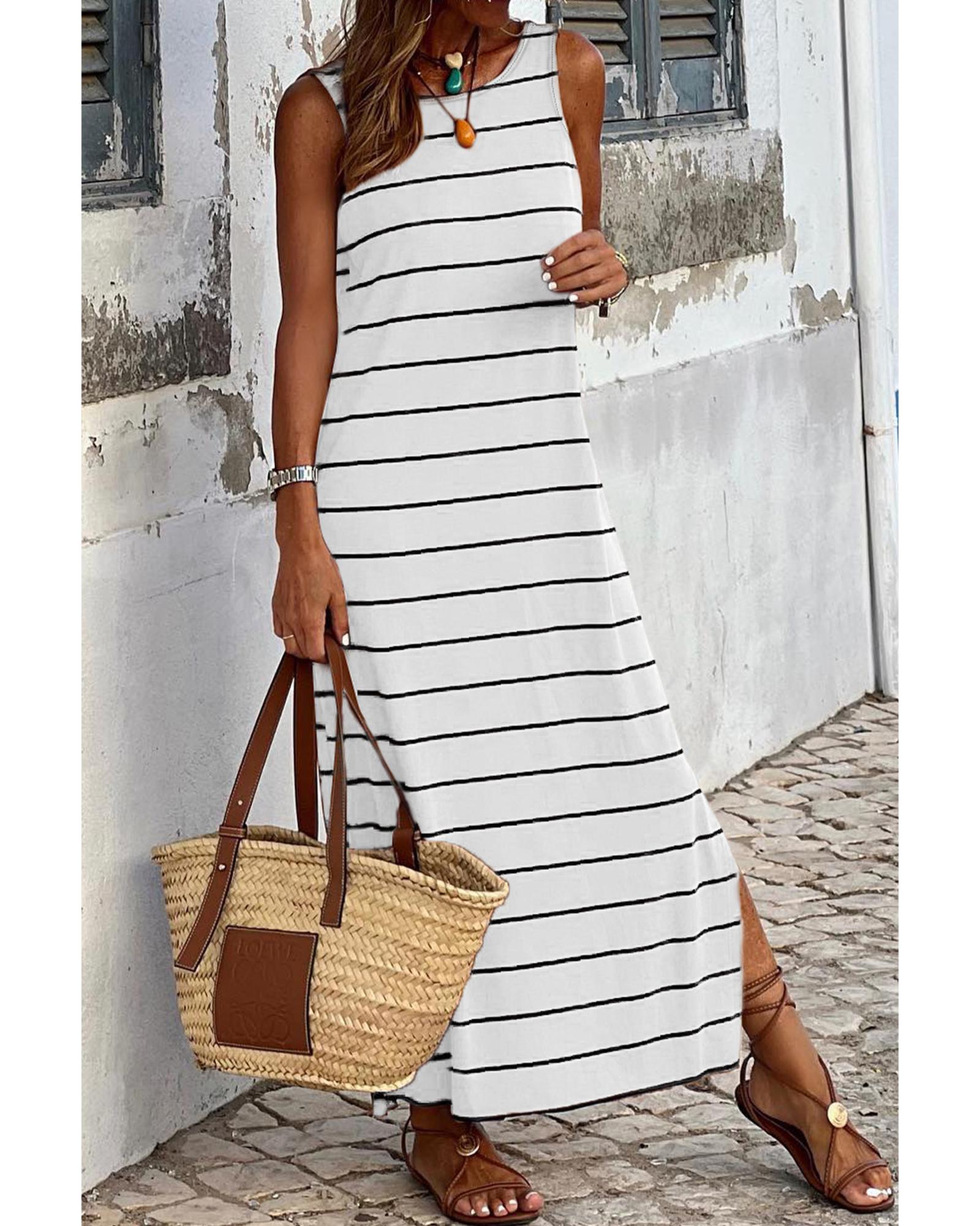 White Stripe Print Open Back Sleeveless Maxi Dress with Slits - S