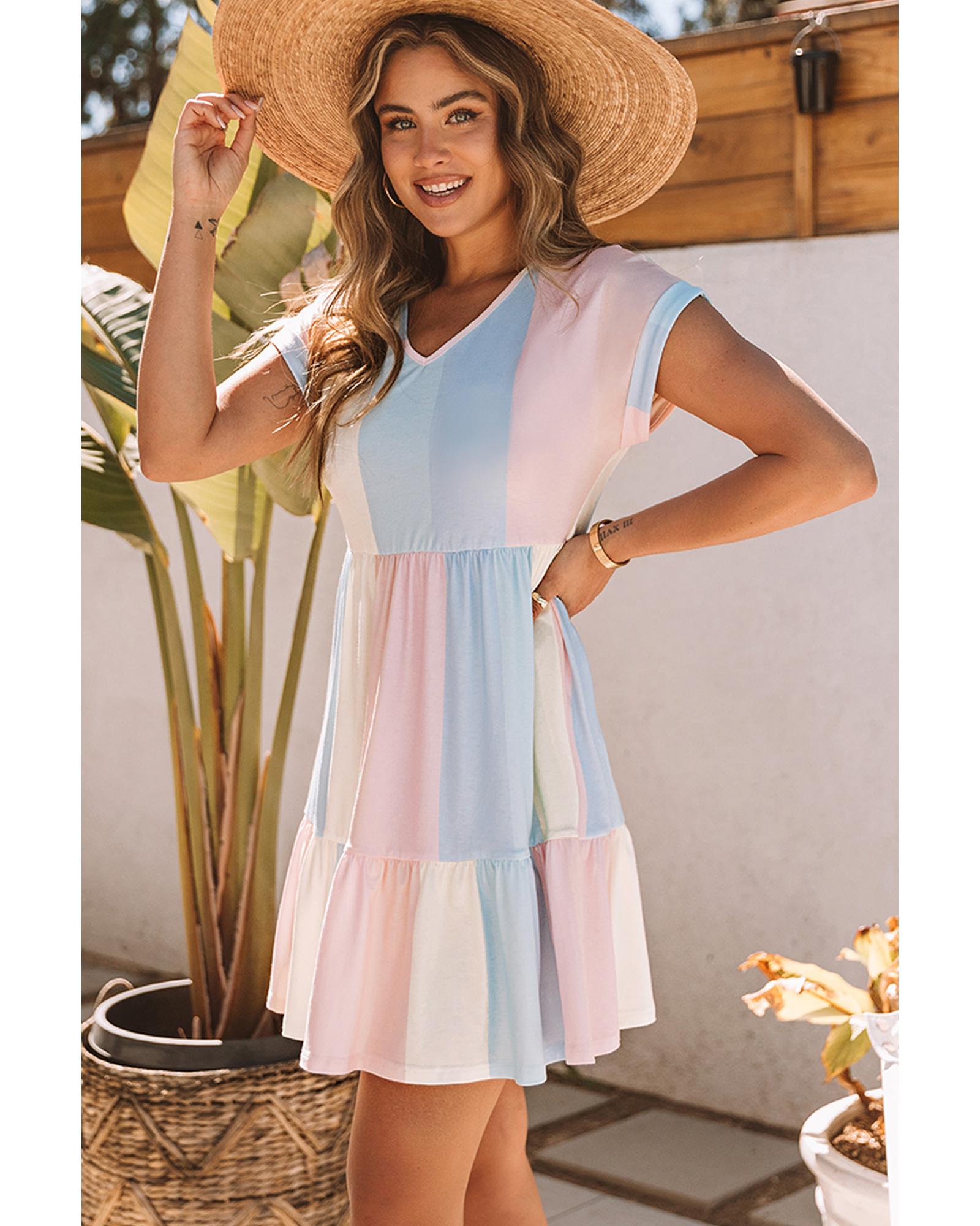 Azura Exchange Multicolor Striped Color Block Tiered Mini Dress - L