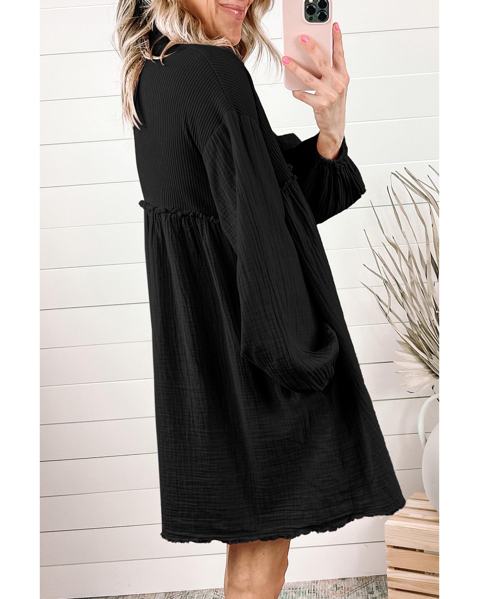 Azura Exchange Black Patchwork Crinkle Puff Sleeve Shirt Dress - XL