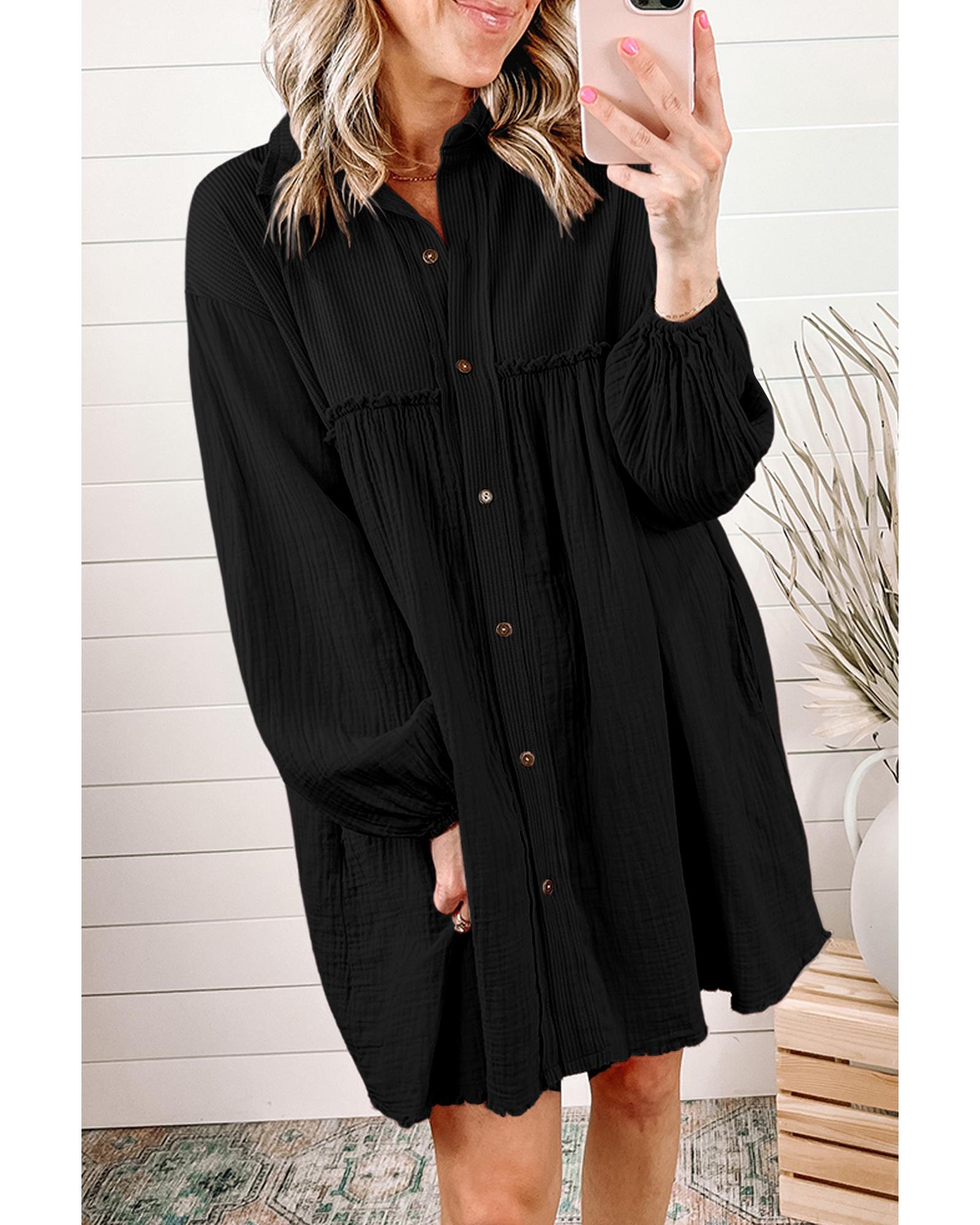 Azura Exchange Black Patchwork Crinkle Puff Sleeve Shirt Dress - XL
