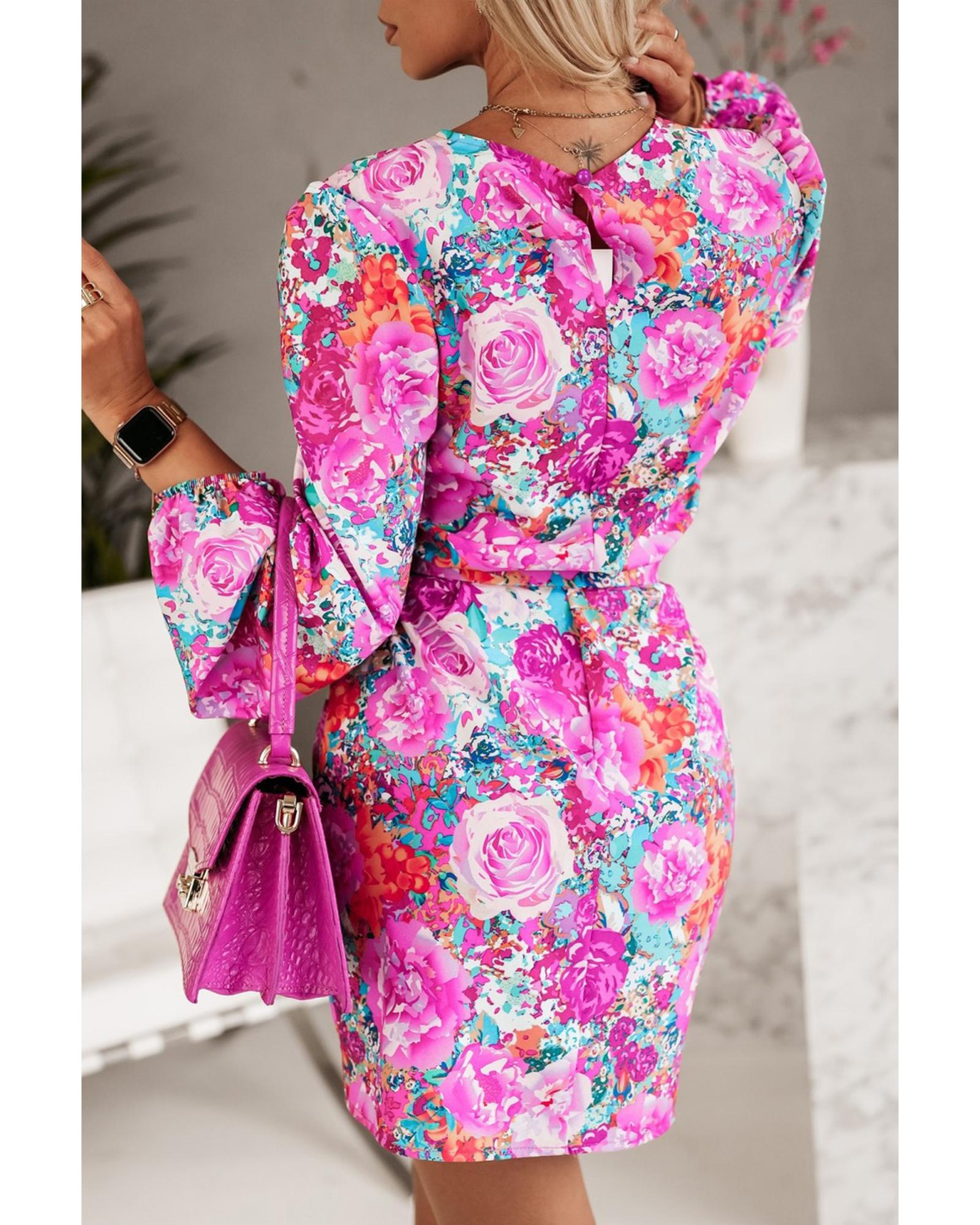 Azura Exchange Purple Floral Keyhole Back Long Sleeve Belted Dress - L