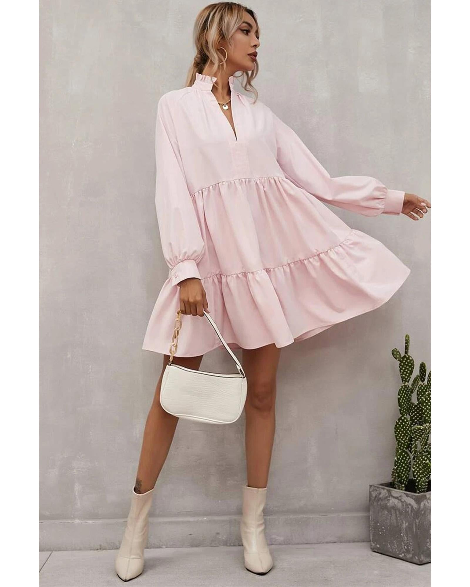 Pink Frilled Stand Collar Long Sleeve Ruffle Dress - XL