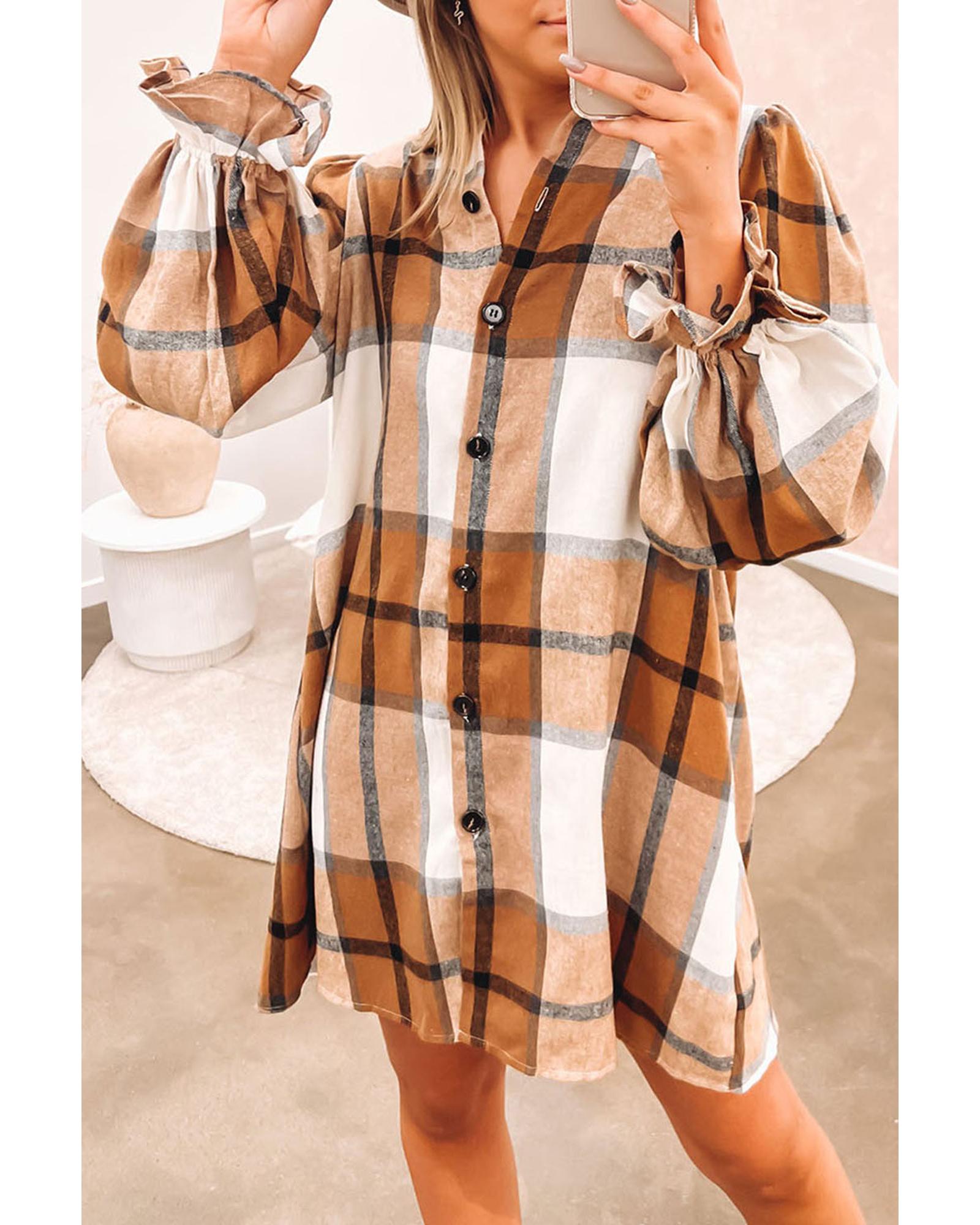 Khaki Plaid Pattern Collared Neck Ruffled Sleeve Shirt Dress - L