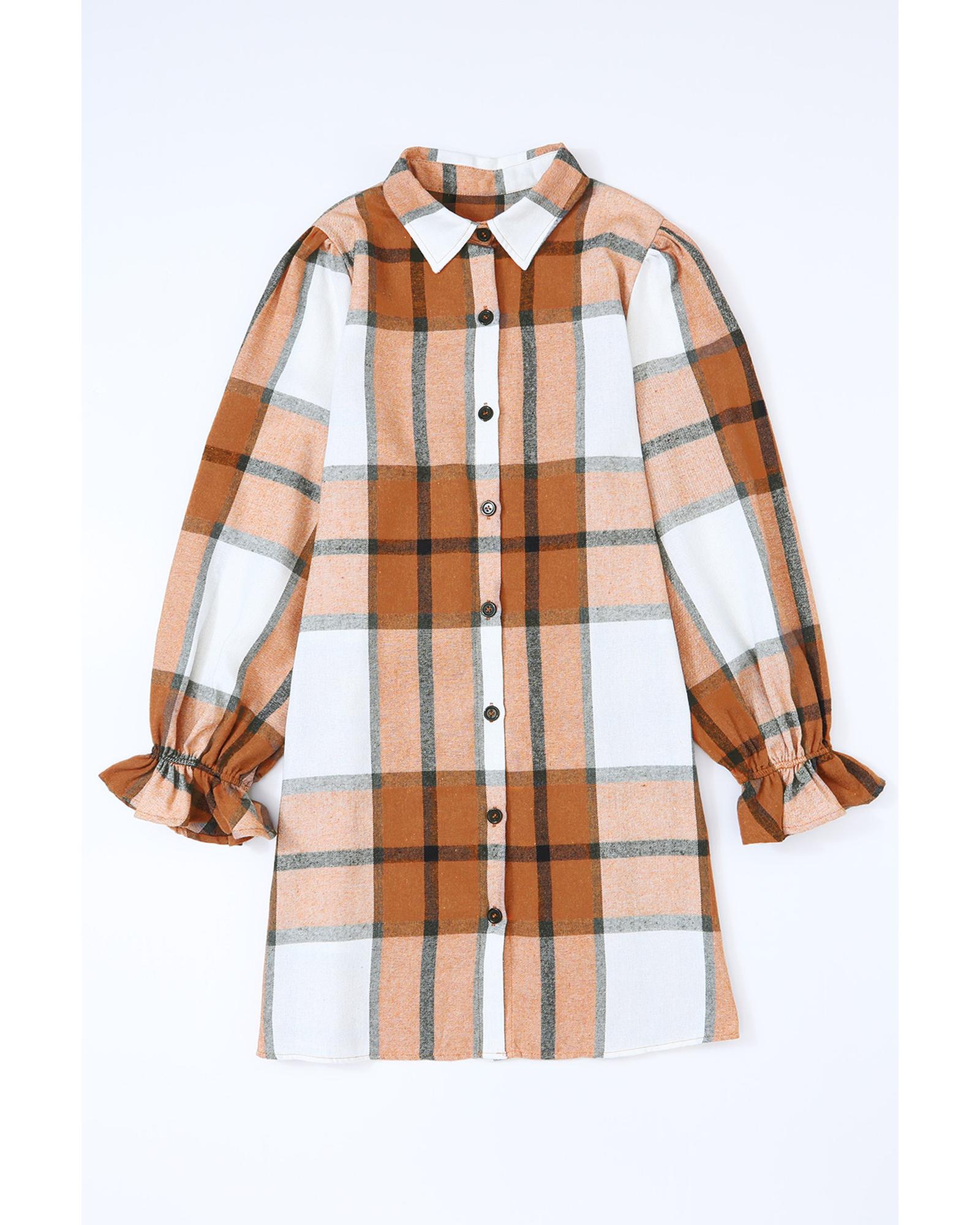 Khaki Plaid Pattern Collared Neck Ruffled Sleeve Shirt Dress - L