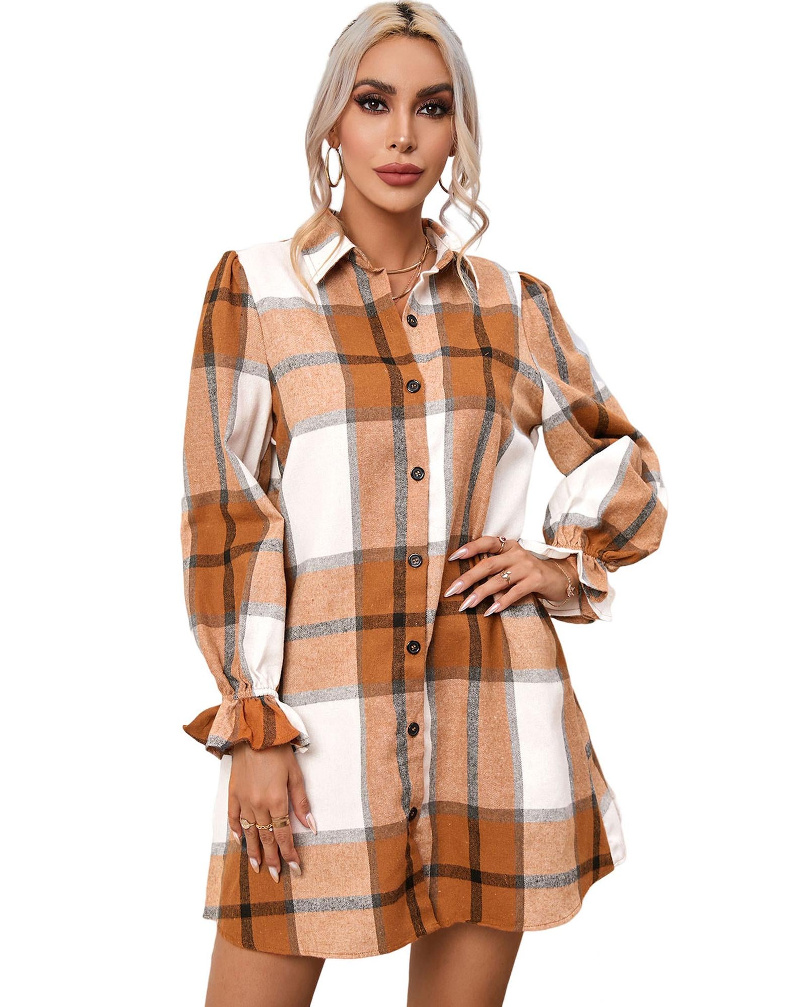 Khaki Plaid Pattern Collared Neck Ruffled Sleeve Shirt Dress - S