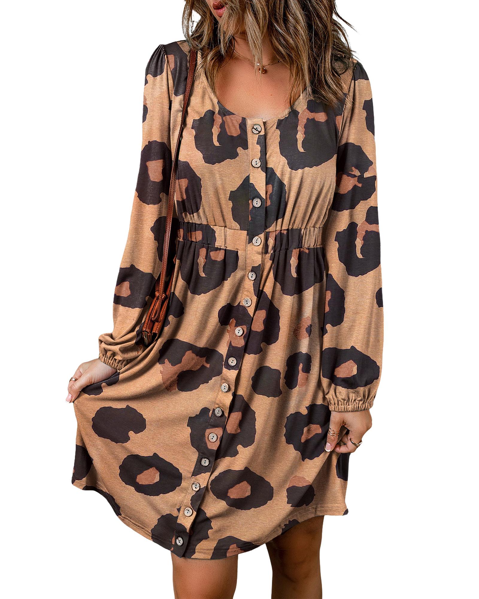 Leopard Print Button Front Bubble Sleeve Loose Knit Dress - M