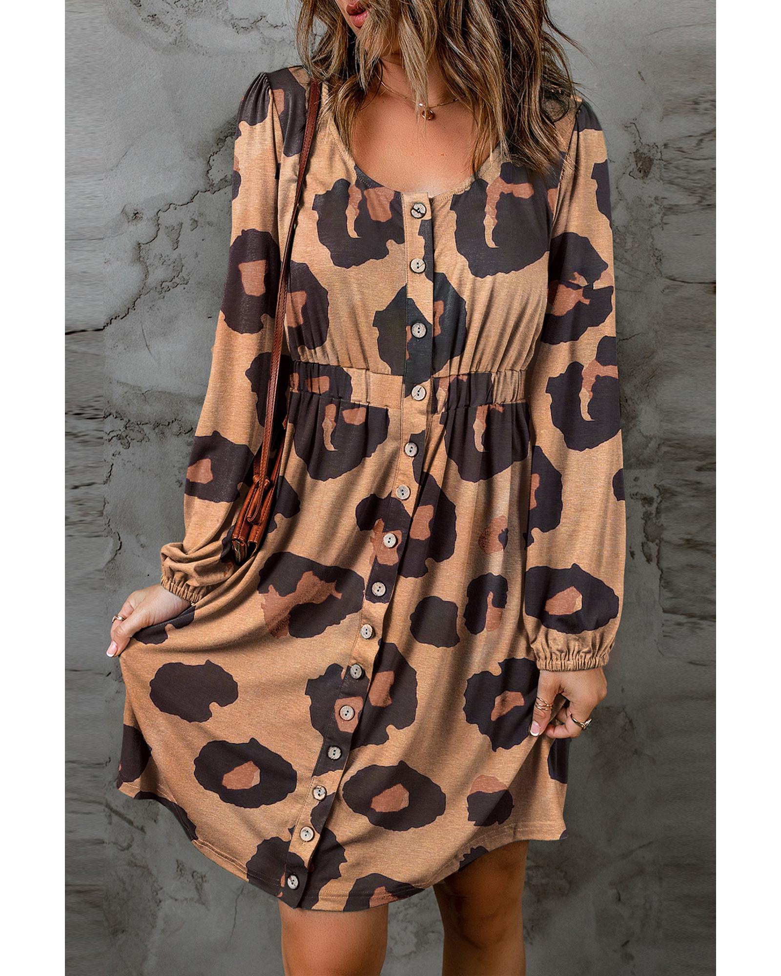 Leopard Print Button Front Bubble Sleeve Loose Knit Dress - M