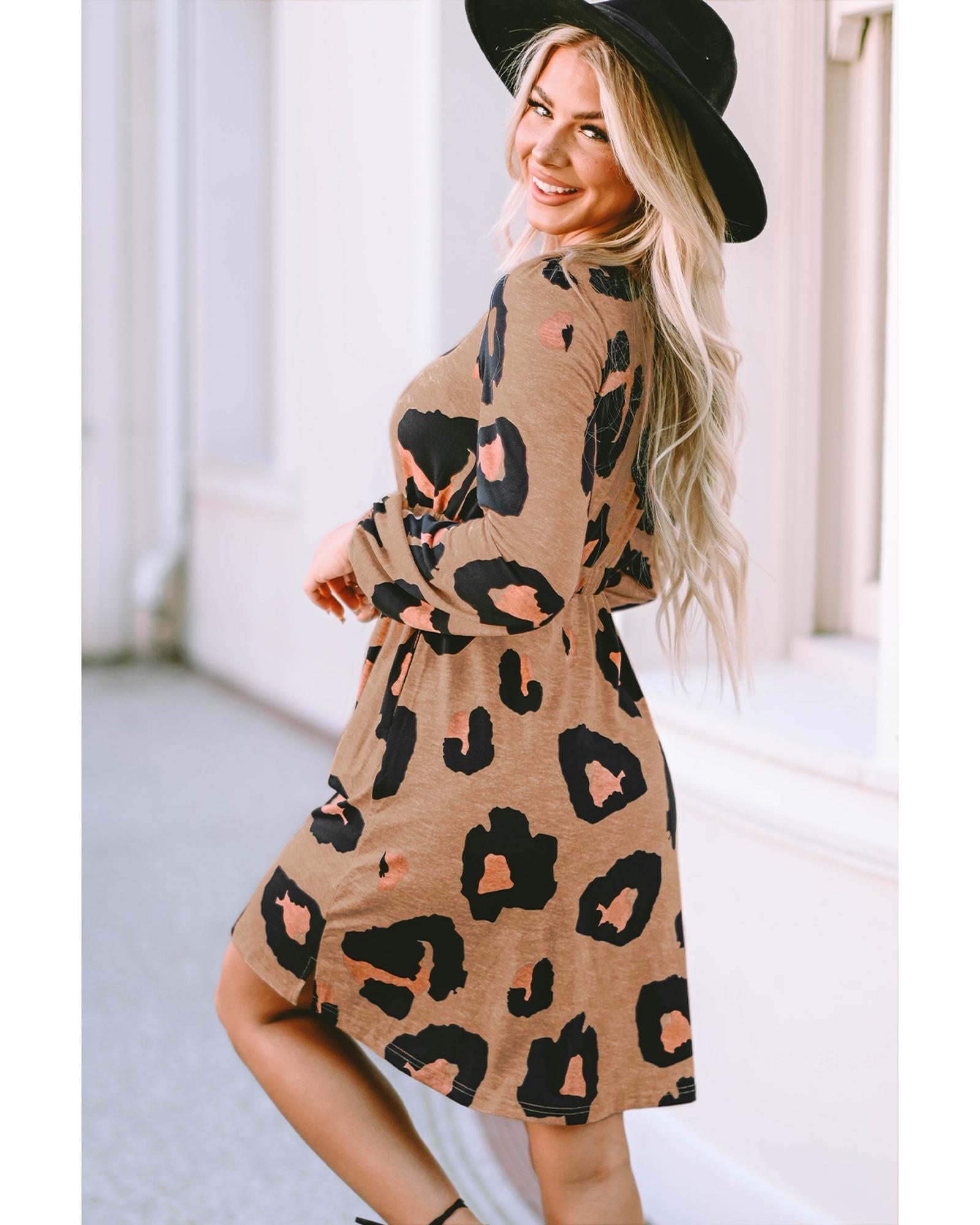 Leopard Print Button Front Bubble Sleeve Loose Knit Dress - M