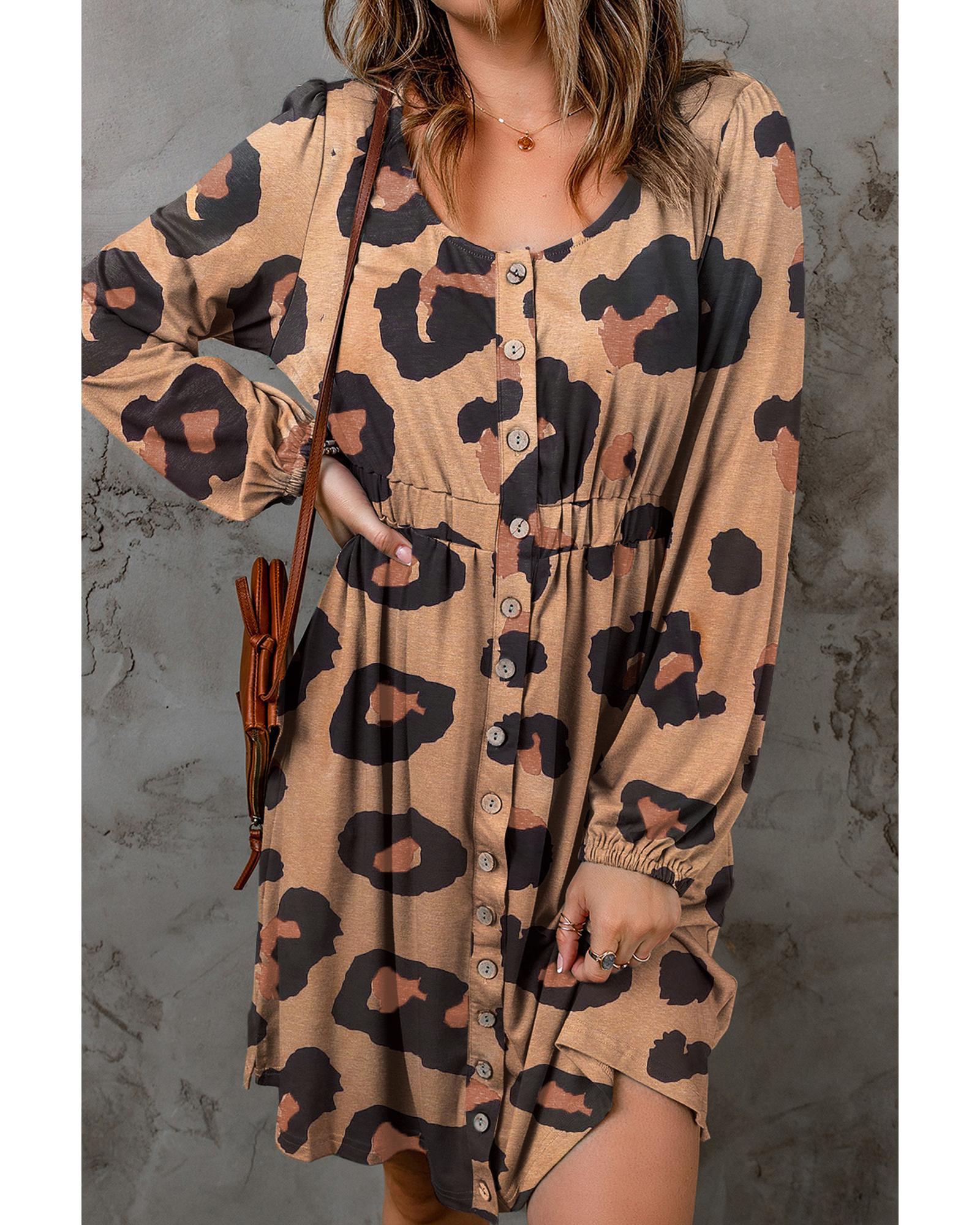 Leopard Print Button Front Bubble Sleeve Loose Knit Dress - M