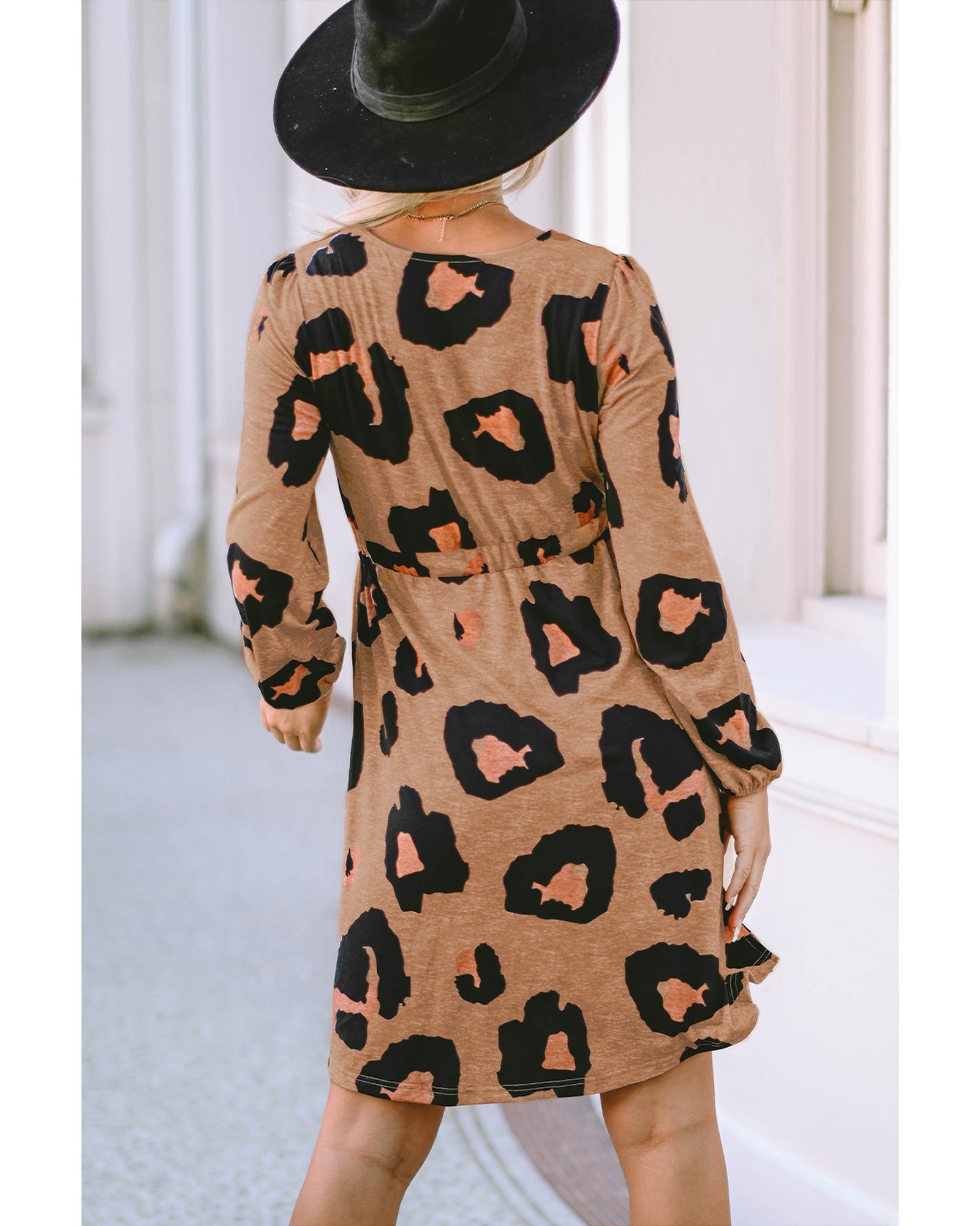 Leopard Print Button Front Bubble Sleeve Loose Knit Dress - S