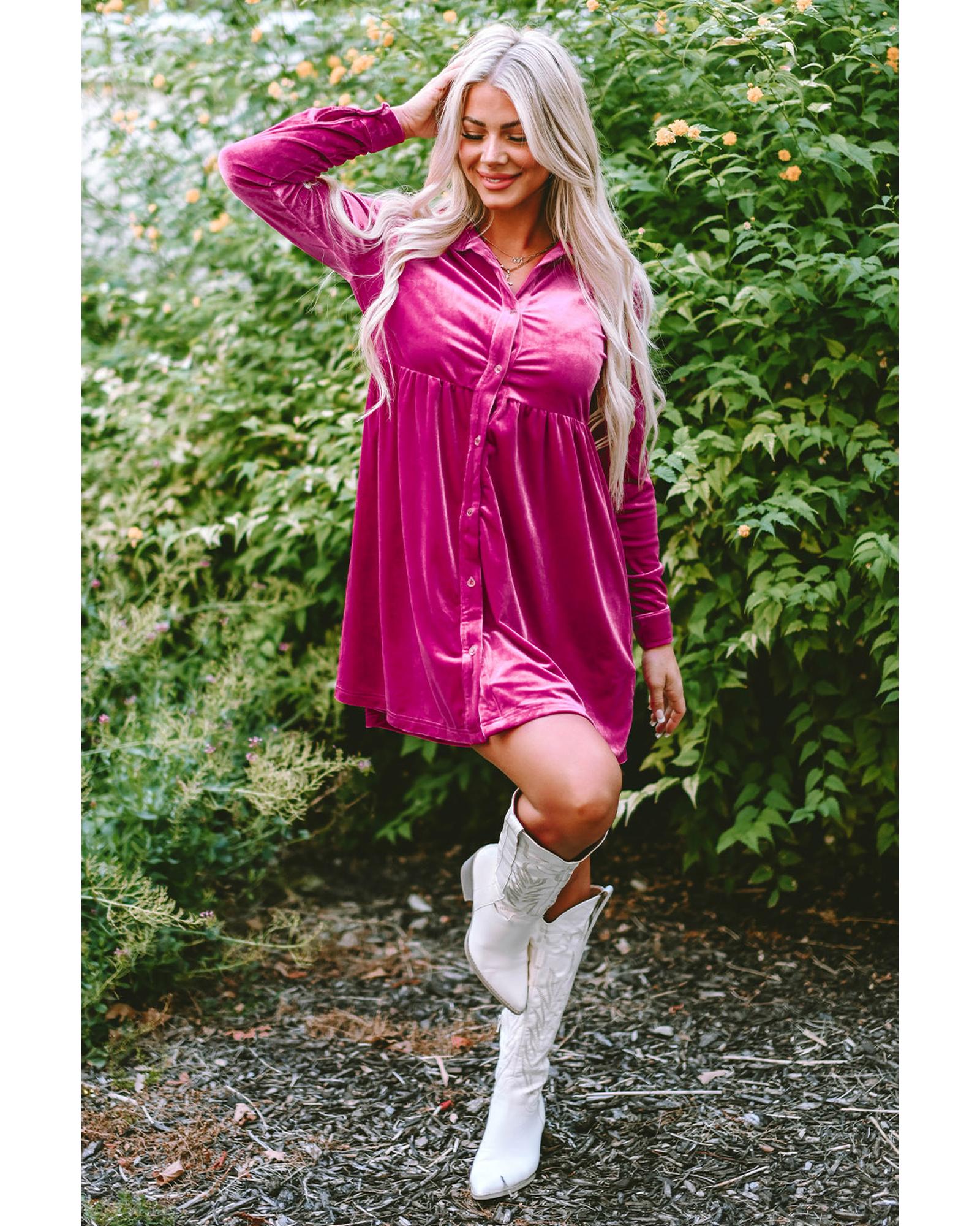 Azura Exchange Rose Long Sleeve Ruffle Velvet Button Up Dress - L
