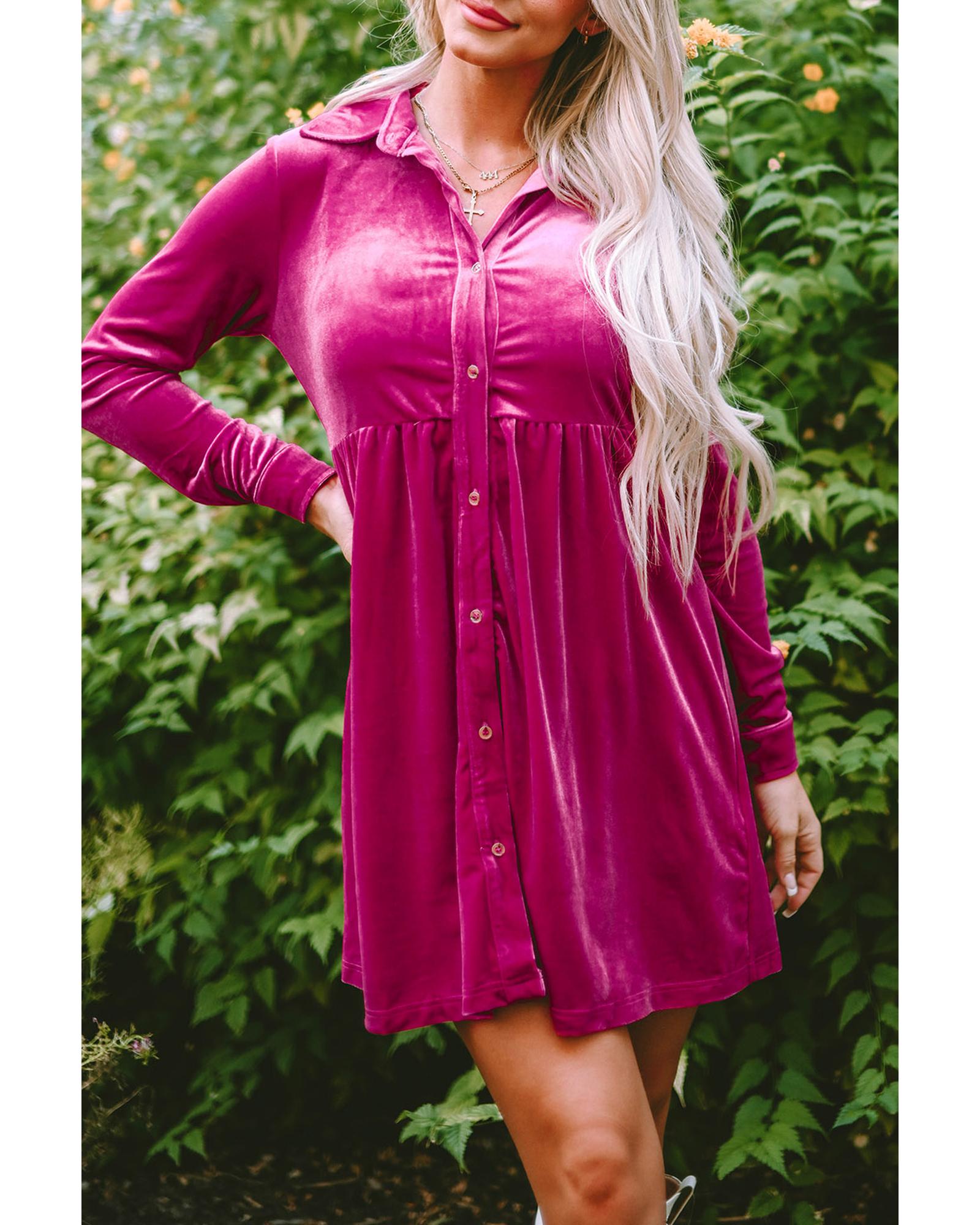 Azura Exchange Rose Long Sleeve Ruffle Velvet Button Up Dress - L