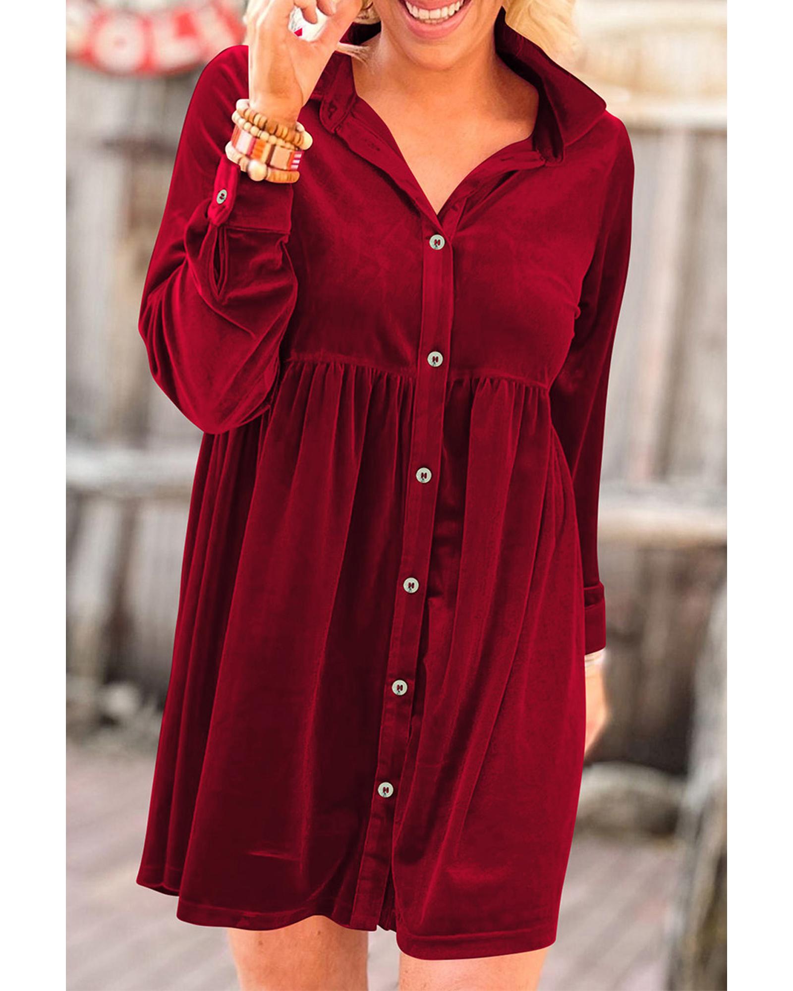 Red Long Sleeve Ruffle Velvet Button Up Dress - XL