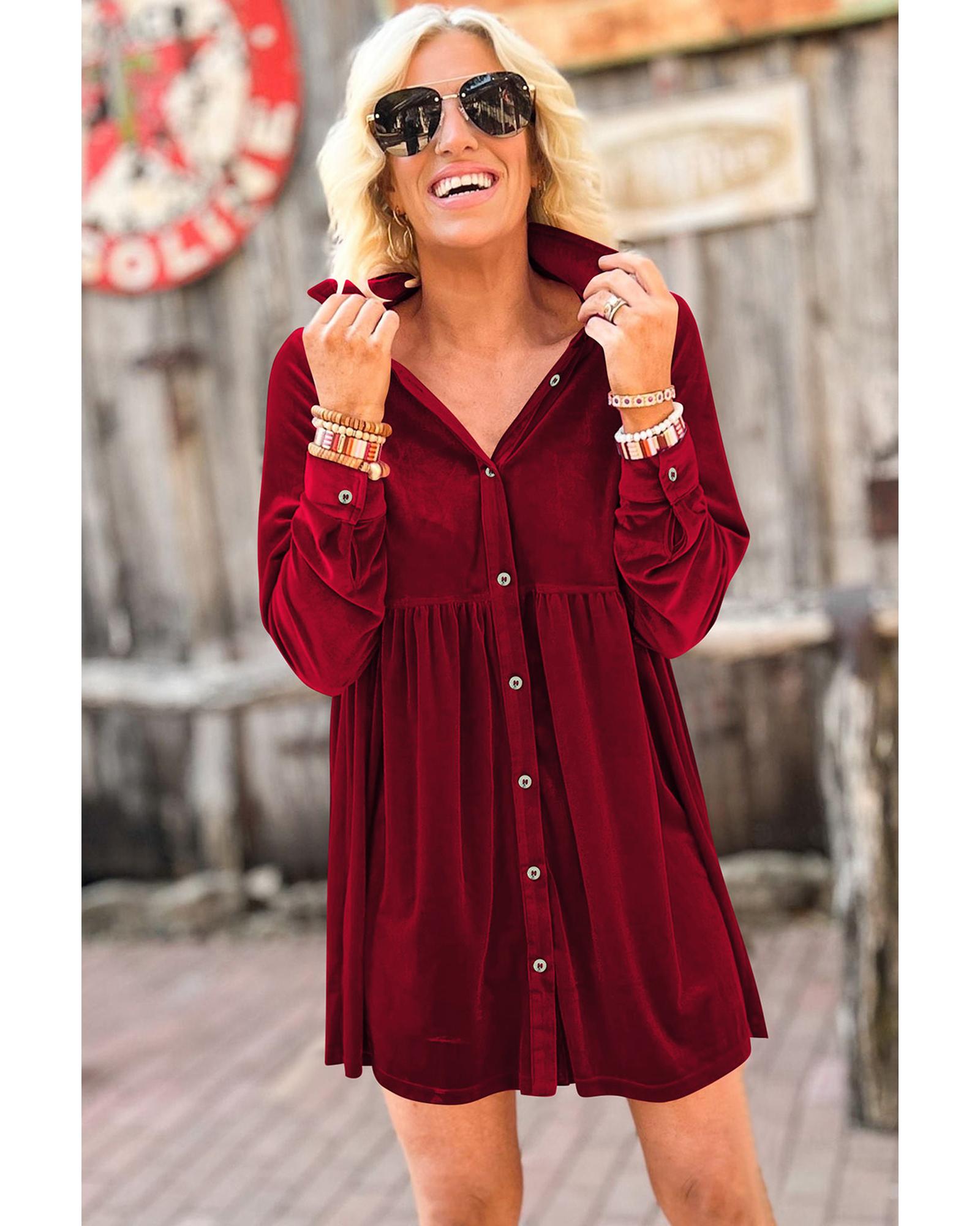 Red Long Sleeve Ruffle Velvet Button Up Dress - XL