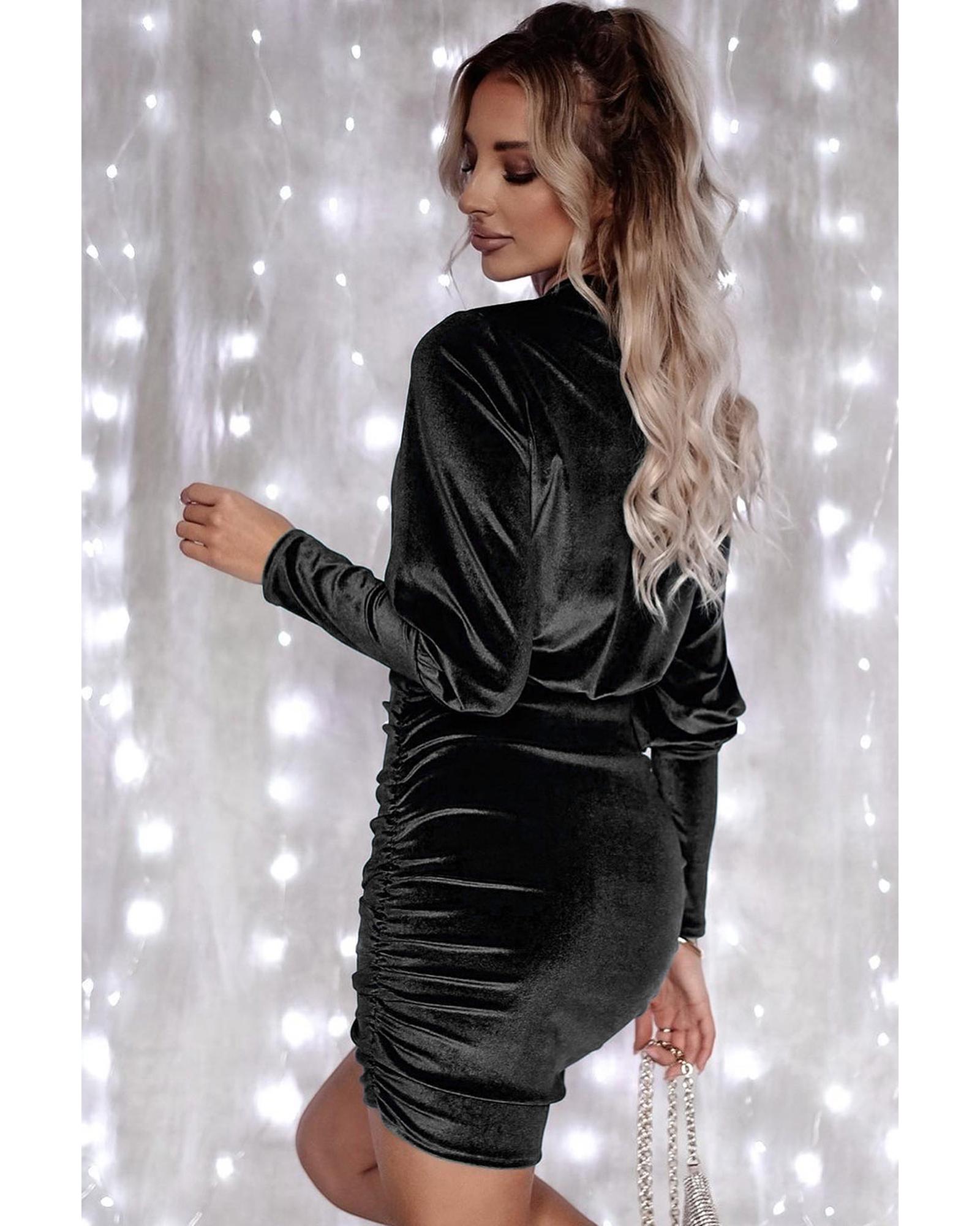 Black Velvet Puff Sleeve Ruched Bodycon Dress - L