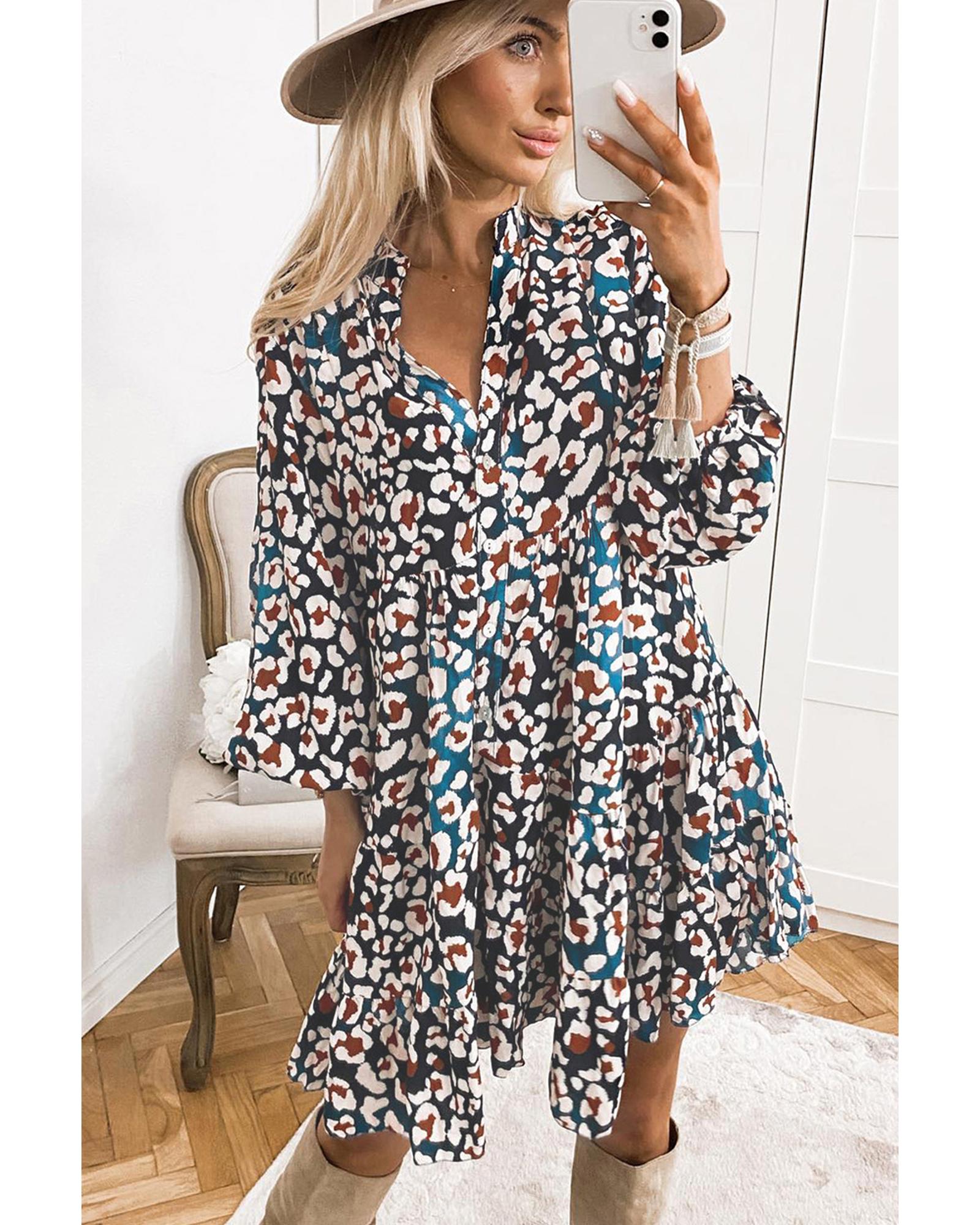 Blue Leopard Print Bubble Sleeve Ruffled Shirt Dress - M