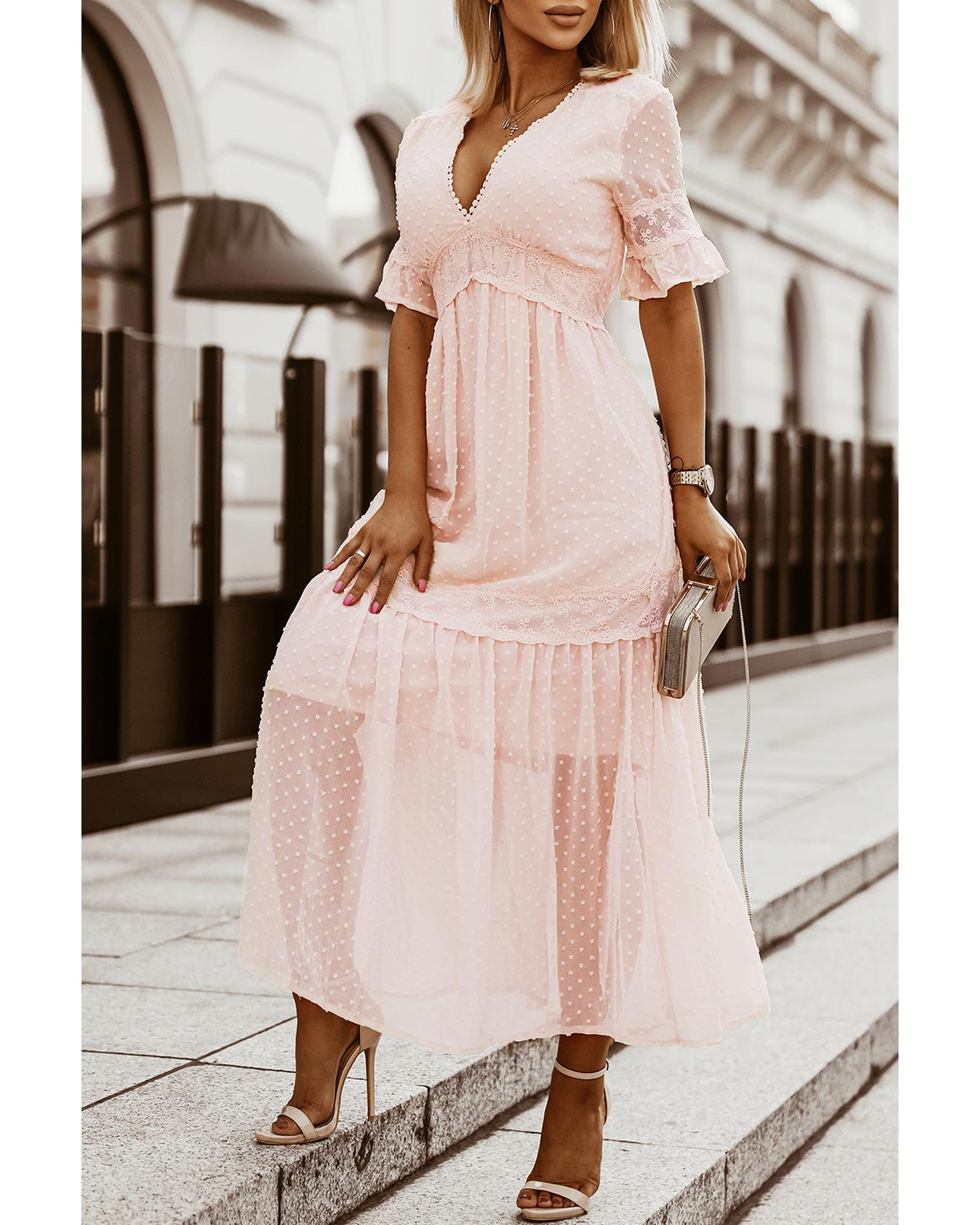 Swiss Dot Lace Trim Maxi Dress - XL