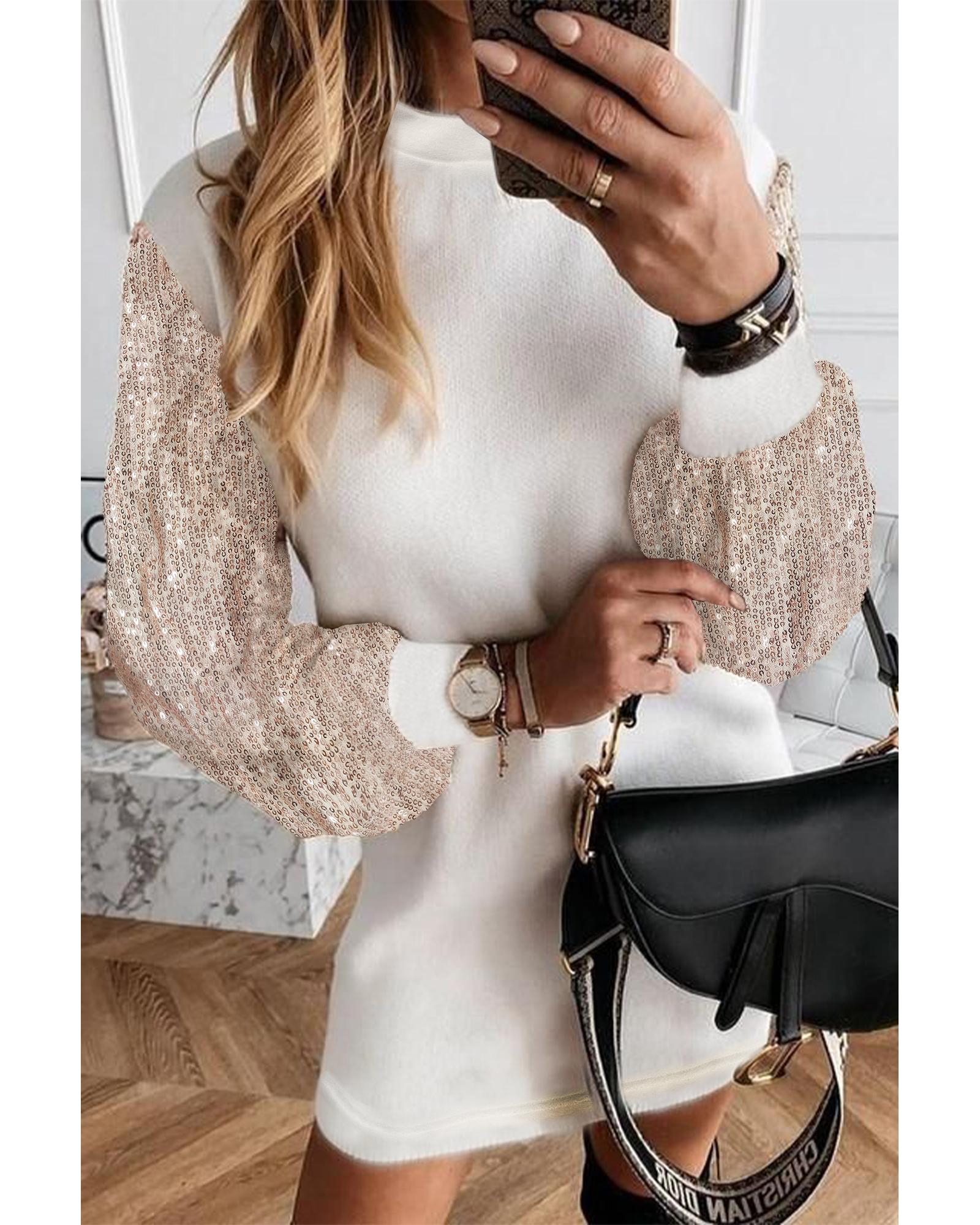 White Sequin Puff Sleeve Shift Mini Dress - XL