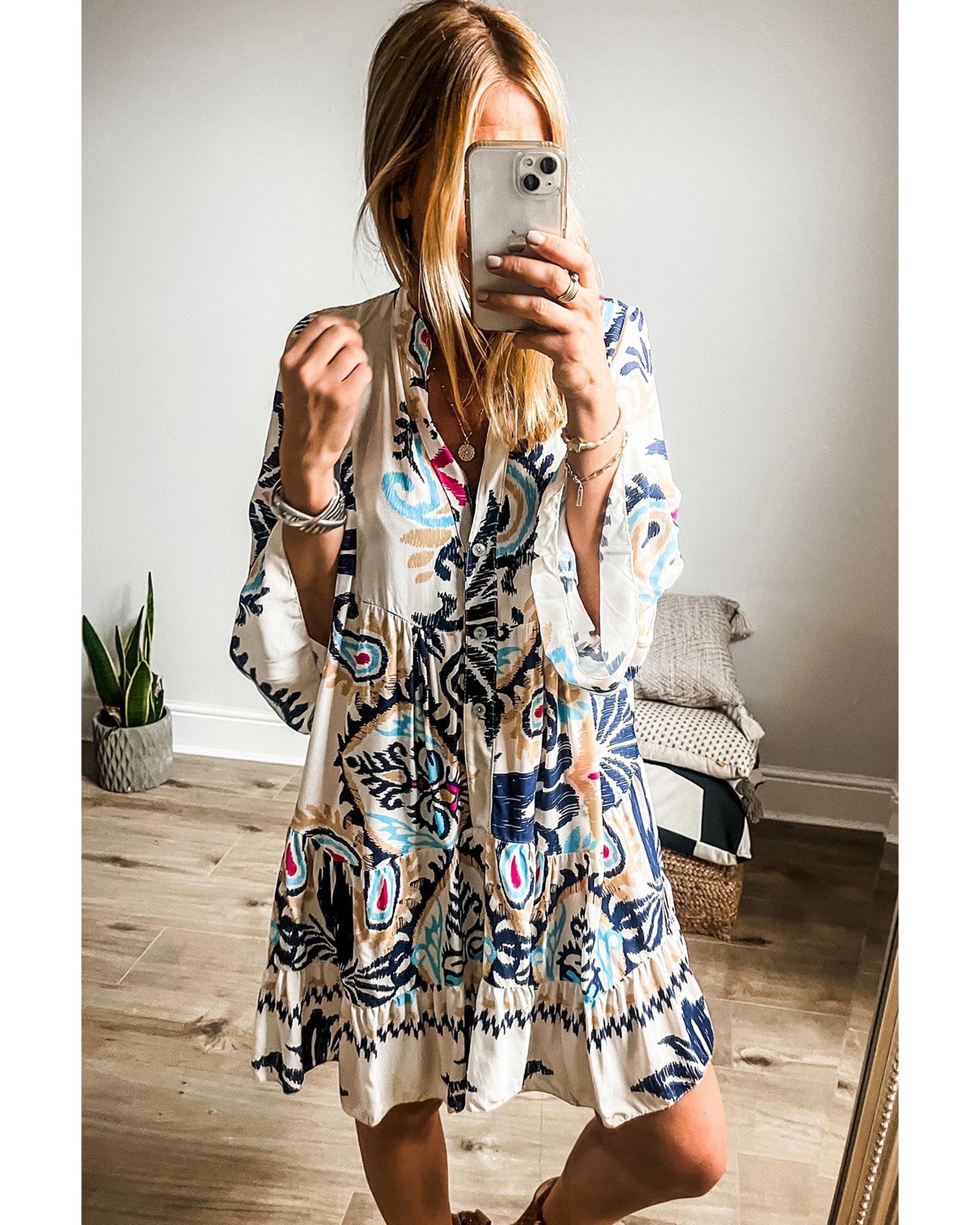White Printed Tribal Print Bracelet Sleeve Buttoned Mini Dress - S
