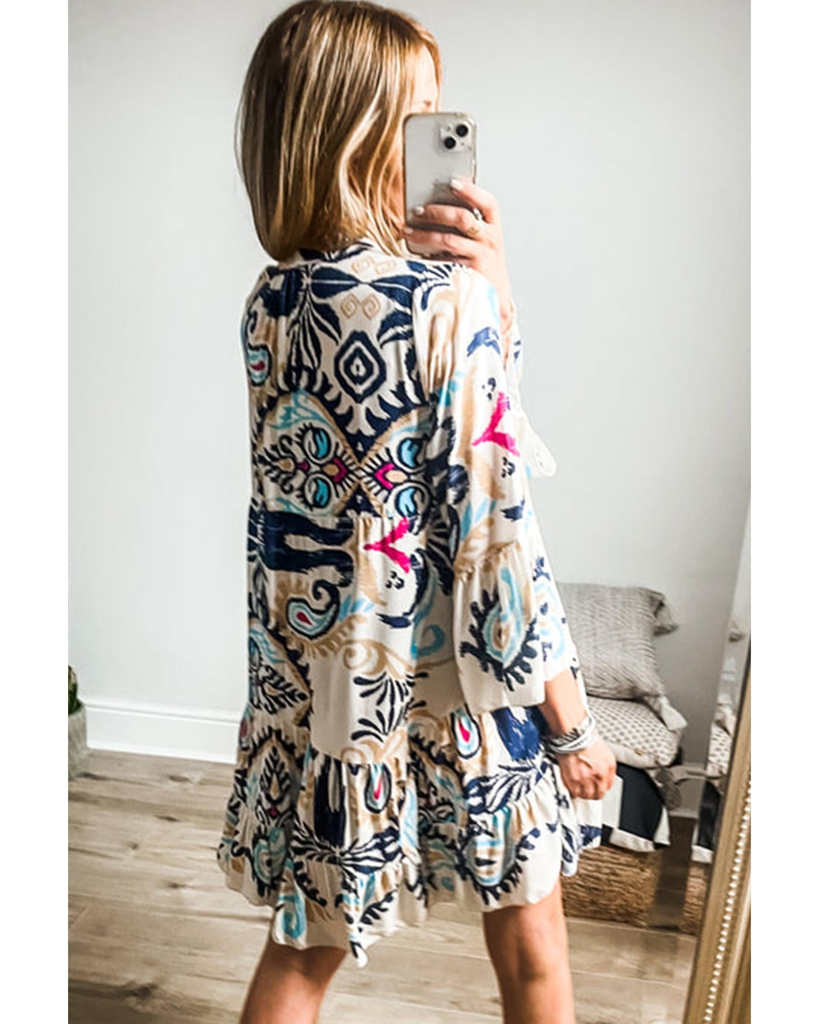 White Printed Tribal Print Bracelet Sleeve Buttoned Mini Dress - S