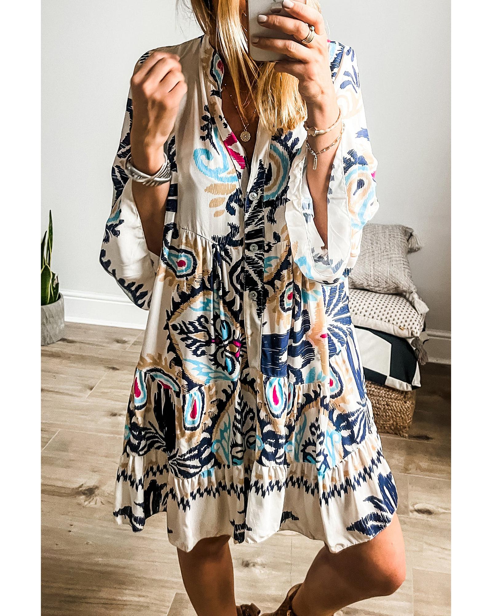 White Printed Tribal Print Bracelet Sleeve Buttoned Mini Dress - S
