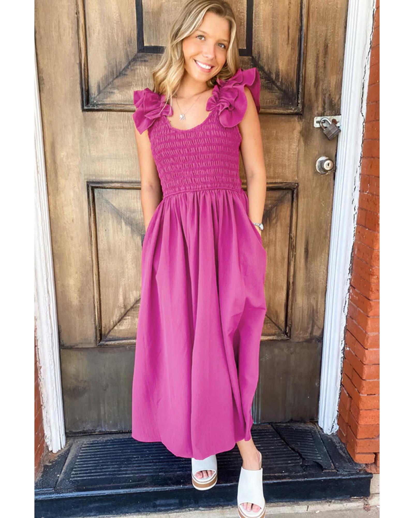 Rose Red Solid Color Ruffled Straps Smocked Ruched Maxi Dress - S