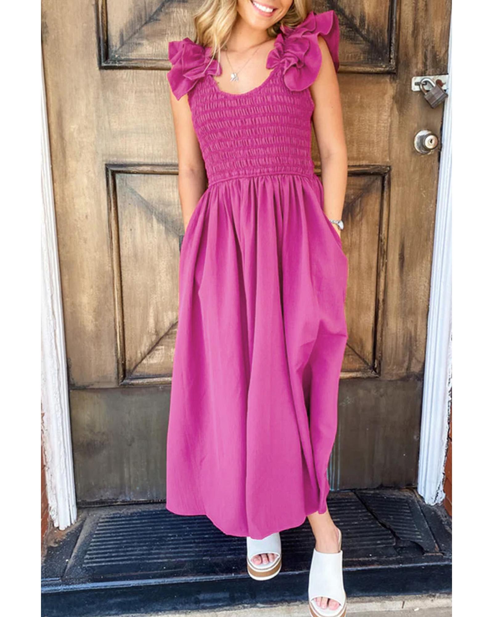 Rose Red Solid Color Ruffled Straps Smocked Ruched Maxi Dress - S