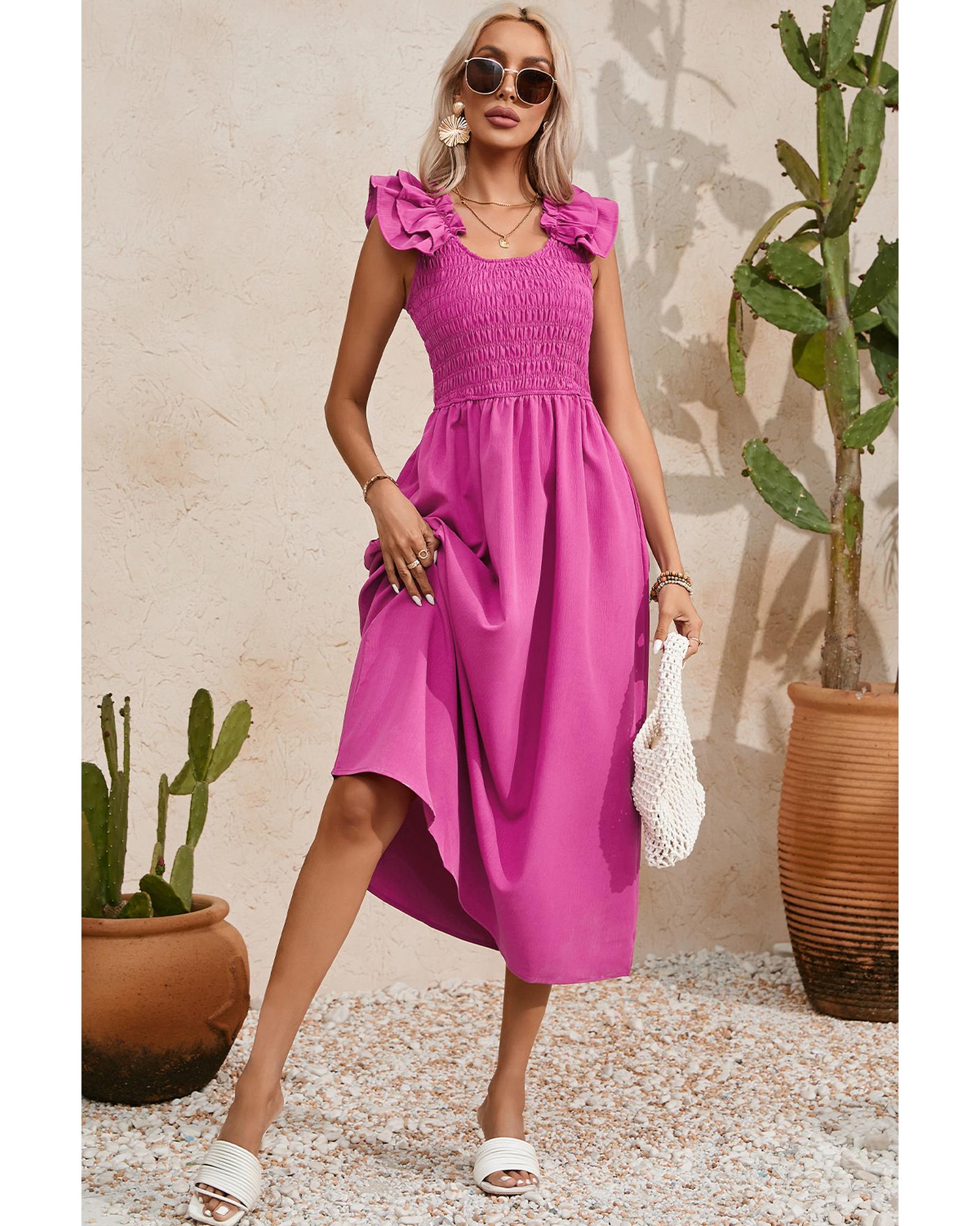 Rose Red Solid Color Ruffled Straps Smocked Ruched Maxi Dress - S