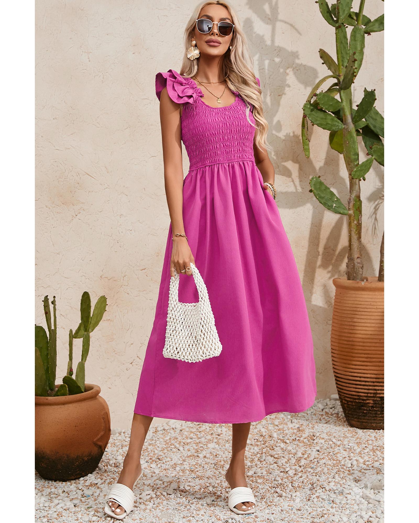 Rose Red Solid Color Ruffled Straps Smocked Ruched Maxi Dress - S
